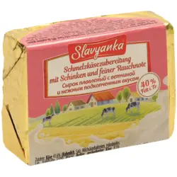 Schmelzk&auml;sezubereitung mit ger&auml;uchertem K&auml;se und ger&auml;uchertem getrocknetem Schinken, 40% Fett i. Tr.