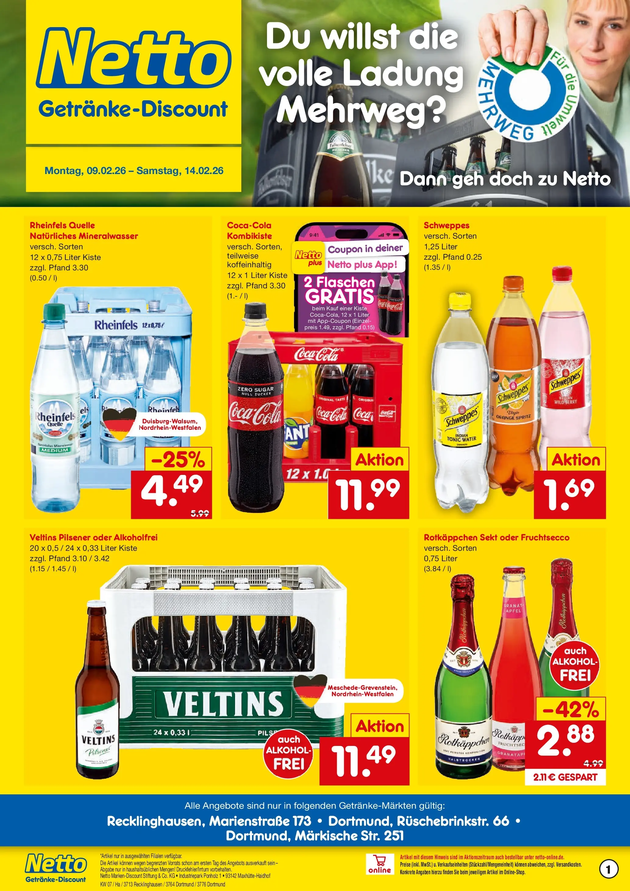 Netto Marken-Discount prospekt Recklinghausen	 (ab 09.02.2026) » Angebote | Seite: 1 | Produkte: Äpfel, Schweppes, Rotkäppchen, Veltins