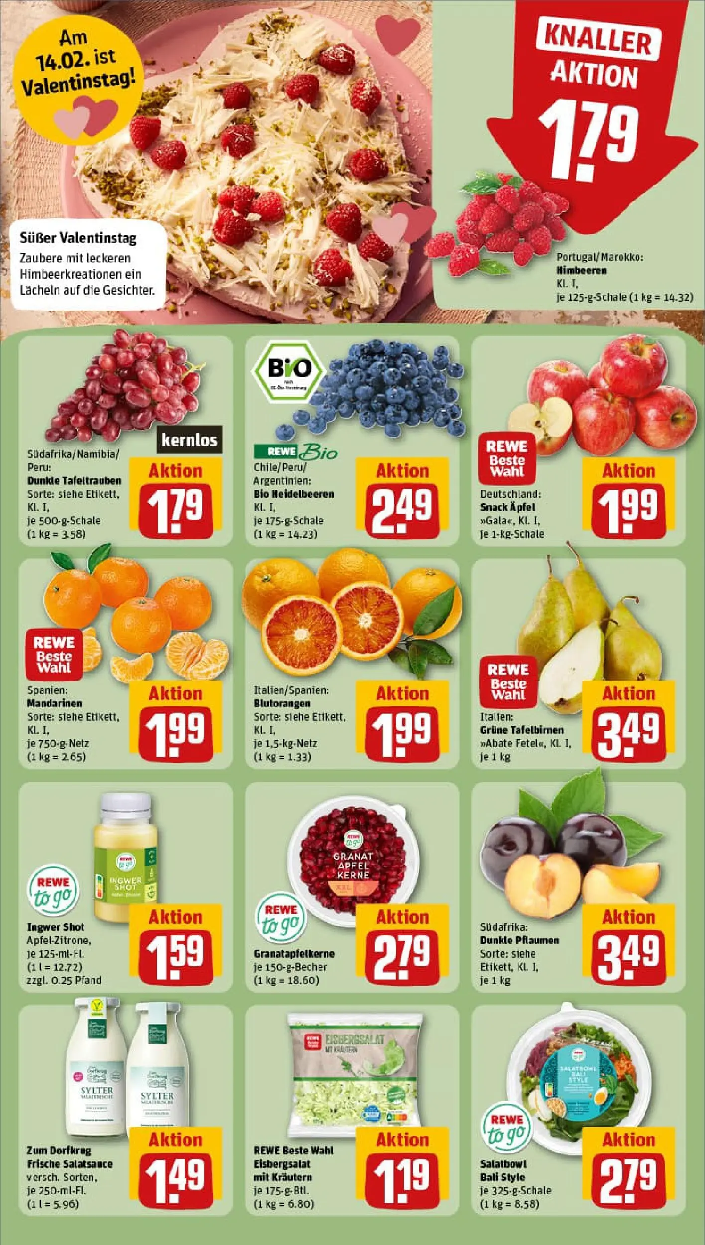 REWE Prospekt ab 09.02.2026 zum Blättern » Angebote | Seite: 4 | Produkte: Himbeeren, Dressing, Eisbergsalat, Heidelbeeren