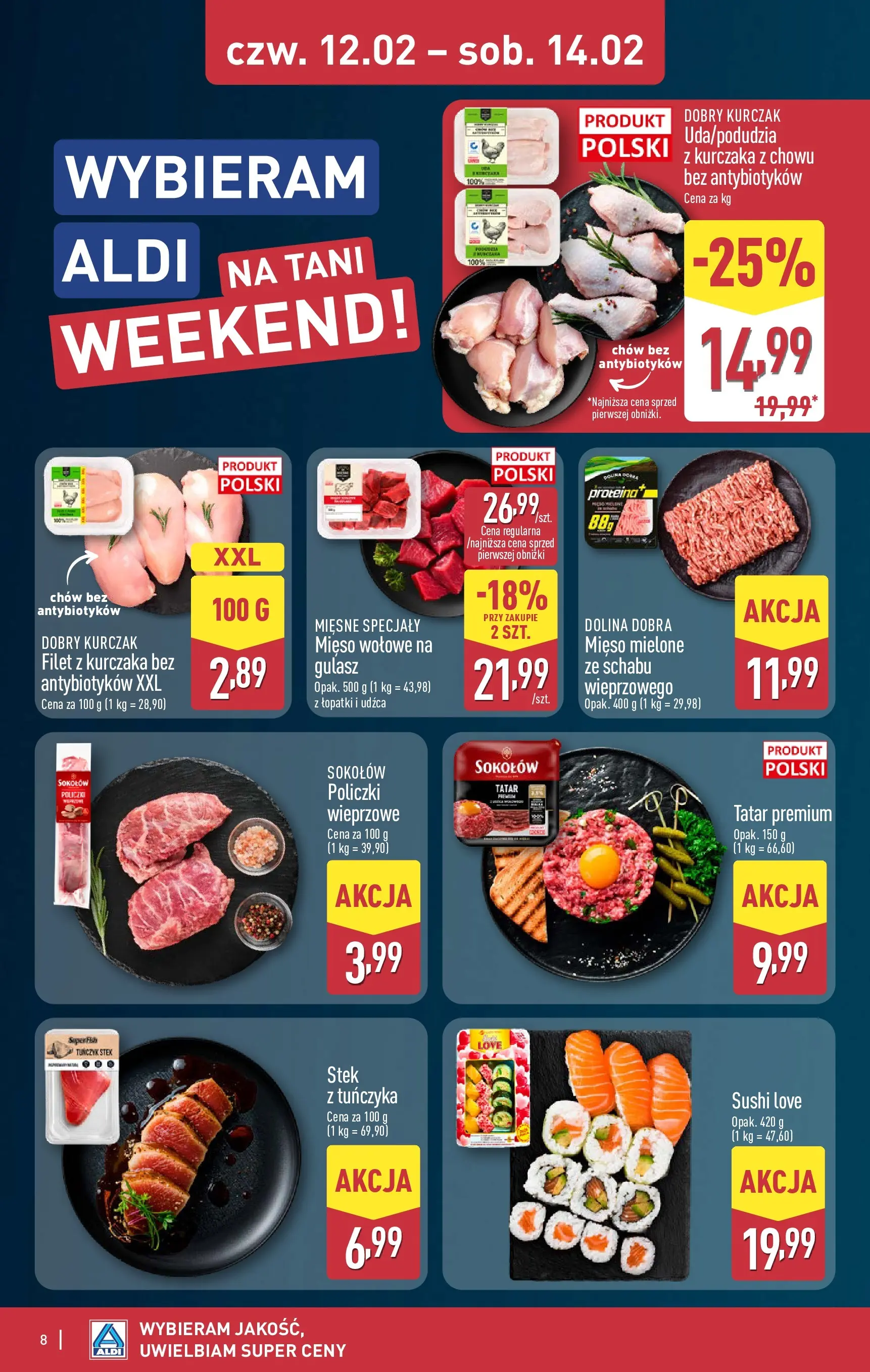 Aldi Gazetka - Okazje na weekend od 12.02.2026 - Ulotka PDF, promocje | Strona: 8 | Produkty: Mięso, Tuńczyk, Sushi, Gulasz