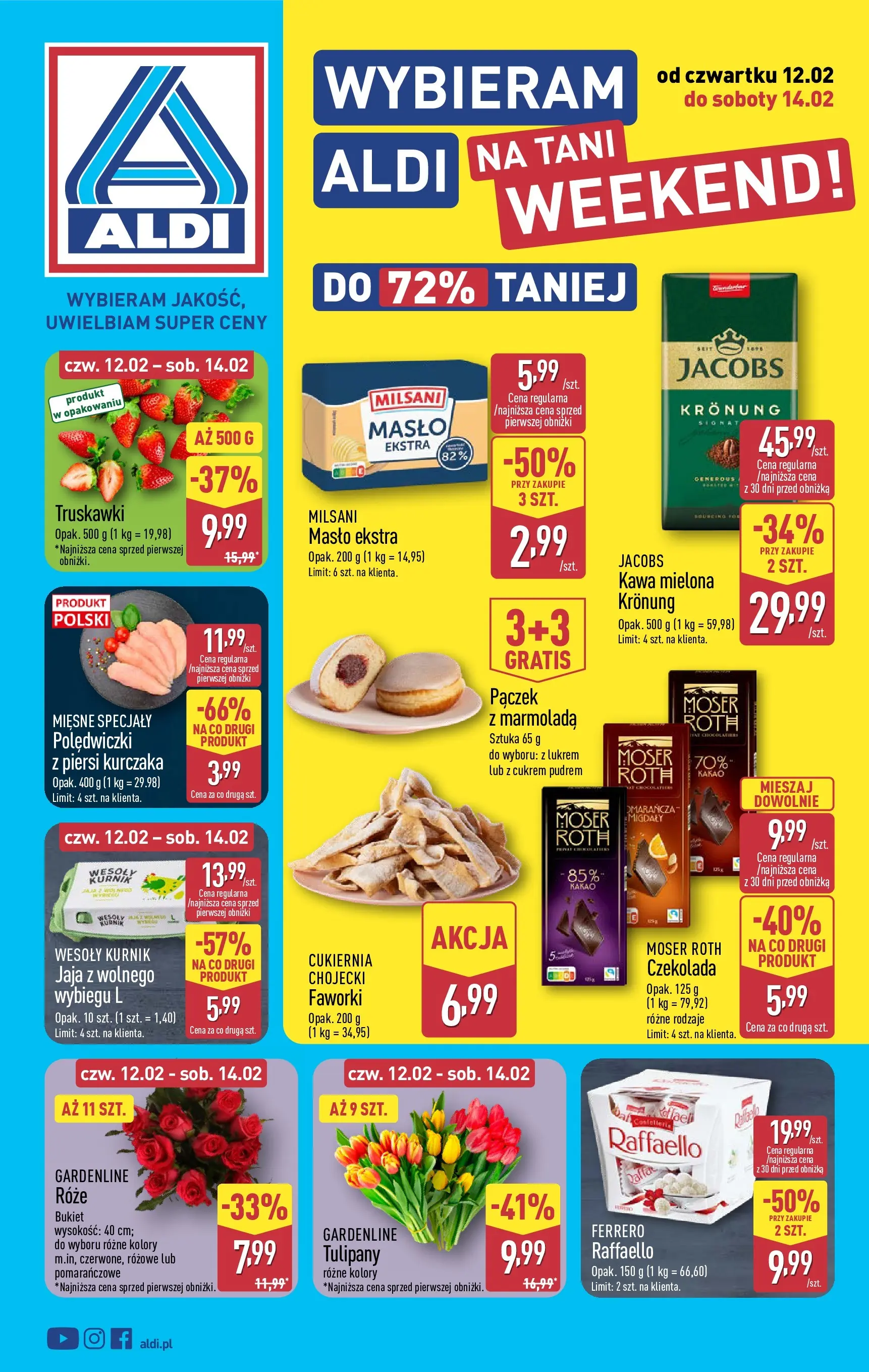 Aldi Gazetka - Okazje na weekend od 12.02.2026 - Ulotka PDF, promocje | Strona: 1 | Produkty: Piersi, Kakao, Truskawki, Jaja