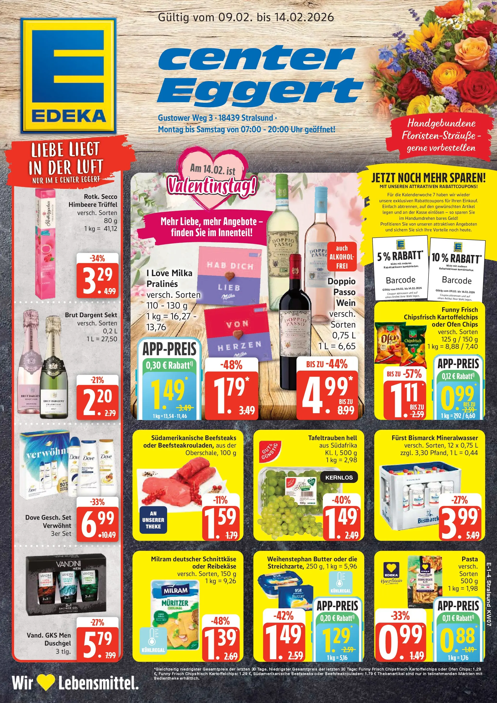 Edeka Prospekt Stralsund 	 (ab 09.02.2026) » Angebote Online | Seite: 1 | Produkte: Butter, Mineralwasser, Duschgel, Reibekase
