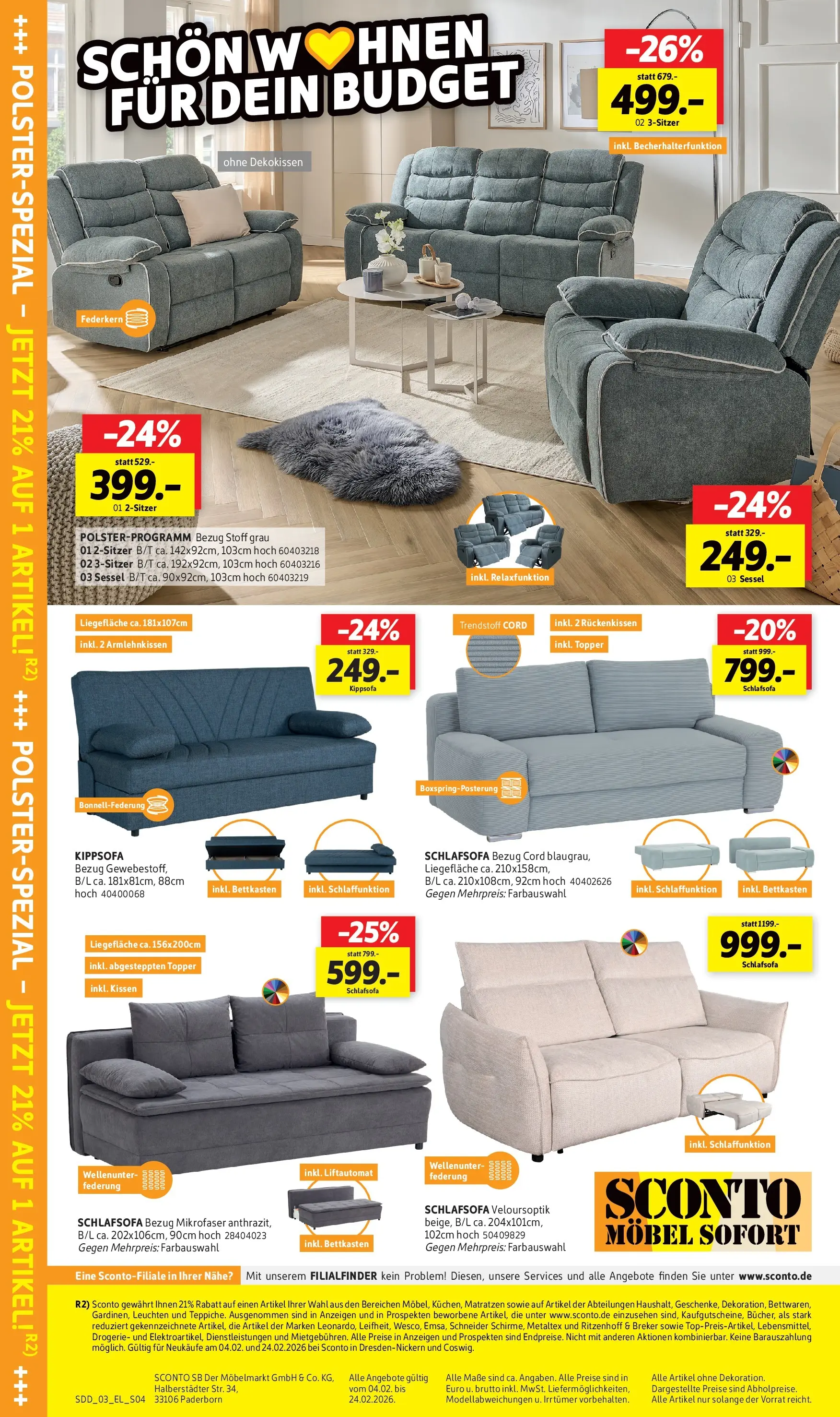 Sconto Prospekt Dresden	 (ab 04.02.2026) zum Blättern | Seite: 12 | Produkte: Schlafsofa, Kissen, Sessel, Topper