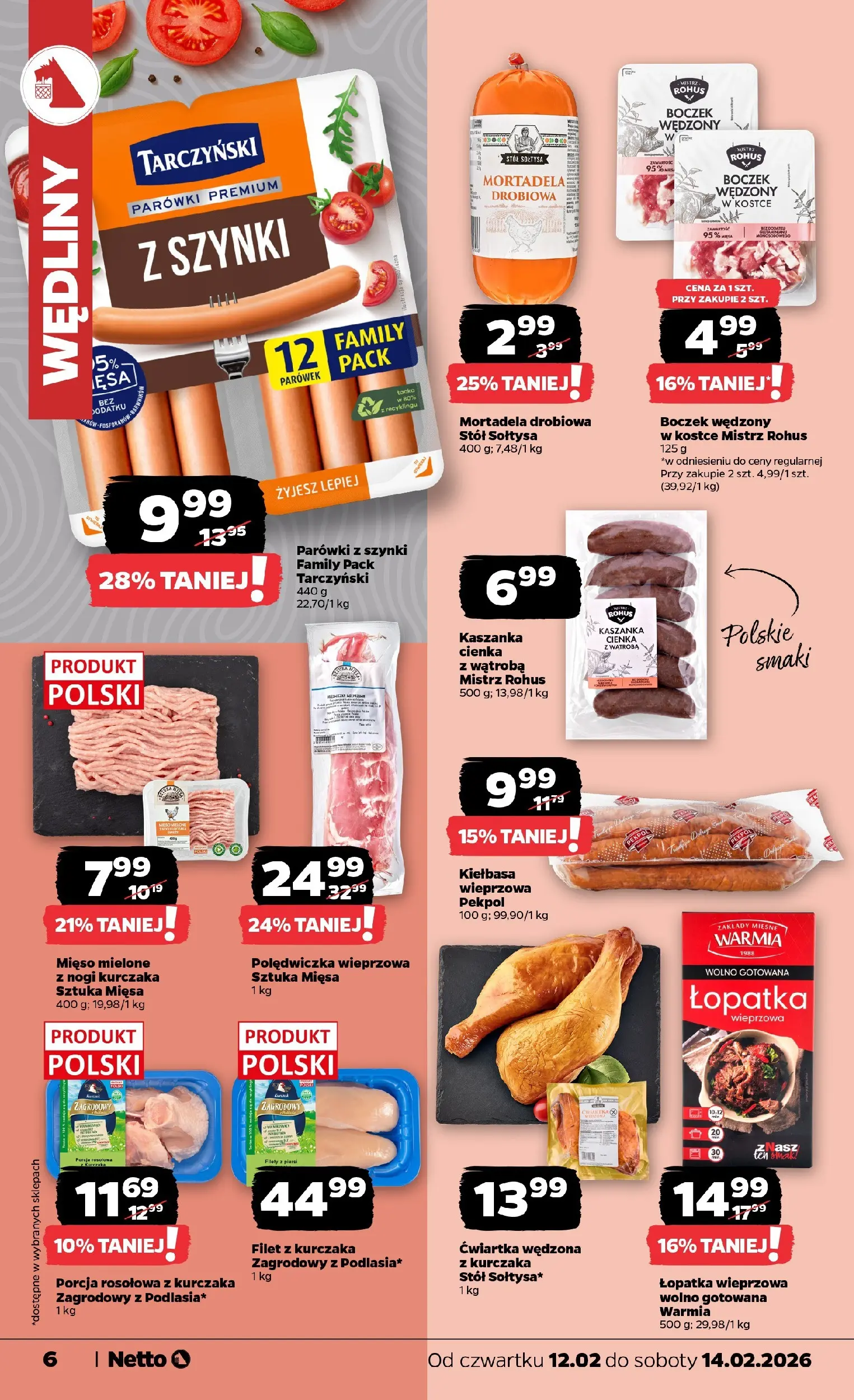 Netto gazetka - Spożywcza od 12.02.2026 - Aktualne promocje | Strona: 6 | Produkty: Kiełbasa, Boczek wędzony, Boczek, Łopatka wieprzowa
