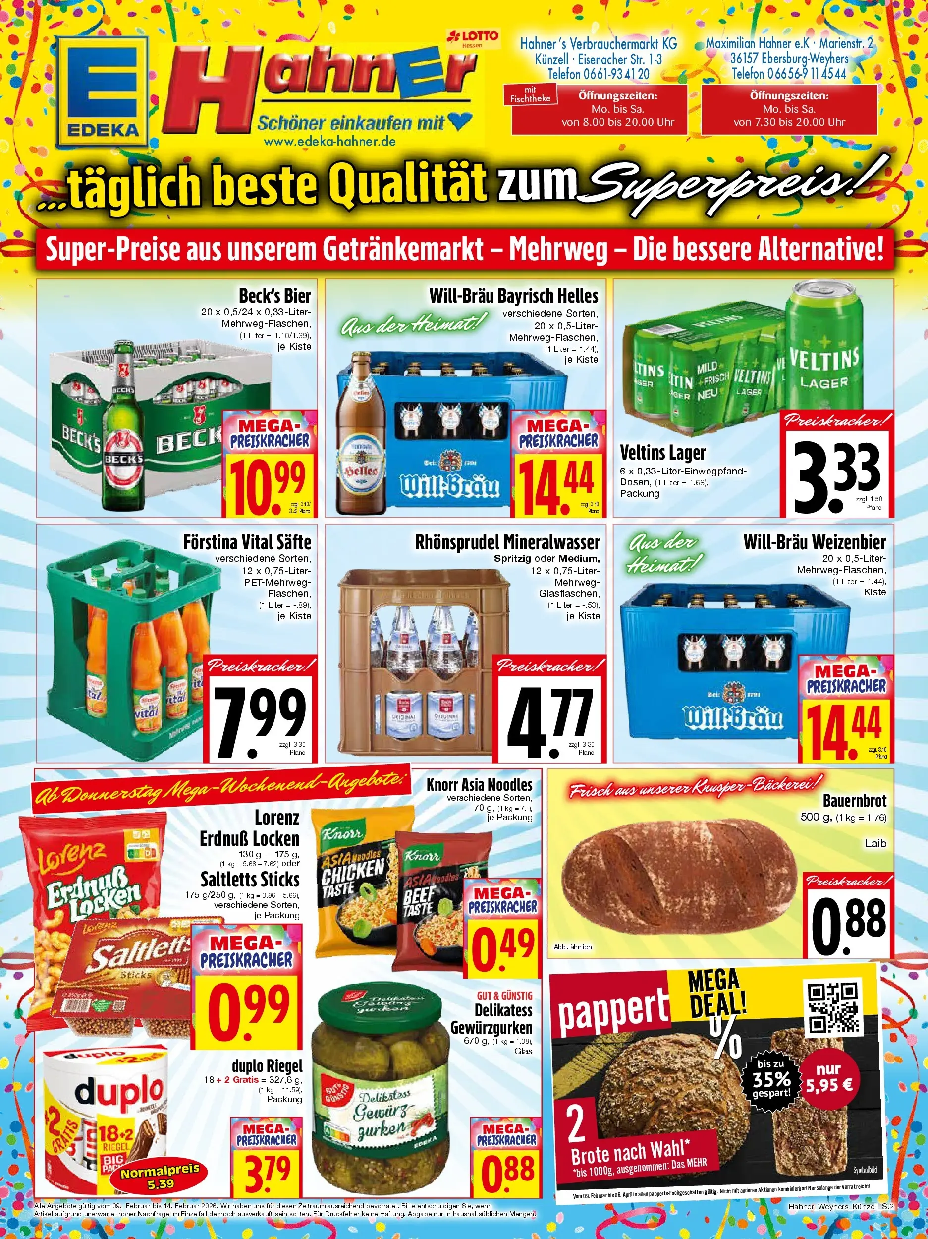 Angebote - Edeka Hahner: Wochenangebote (ab 08.02.2026) zum Blättern | Seite: 2 | Produkte: Knorr, Mineralwasser, Duplo riegel, Rhonsprudel