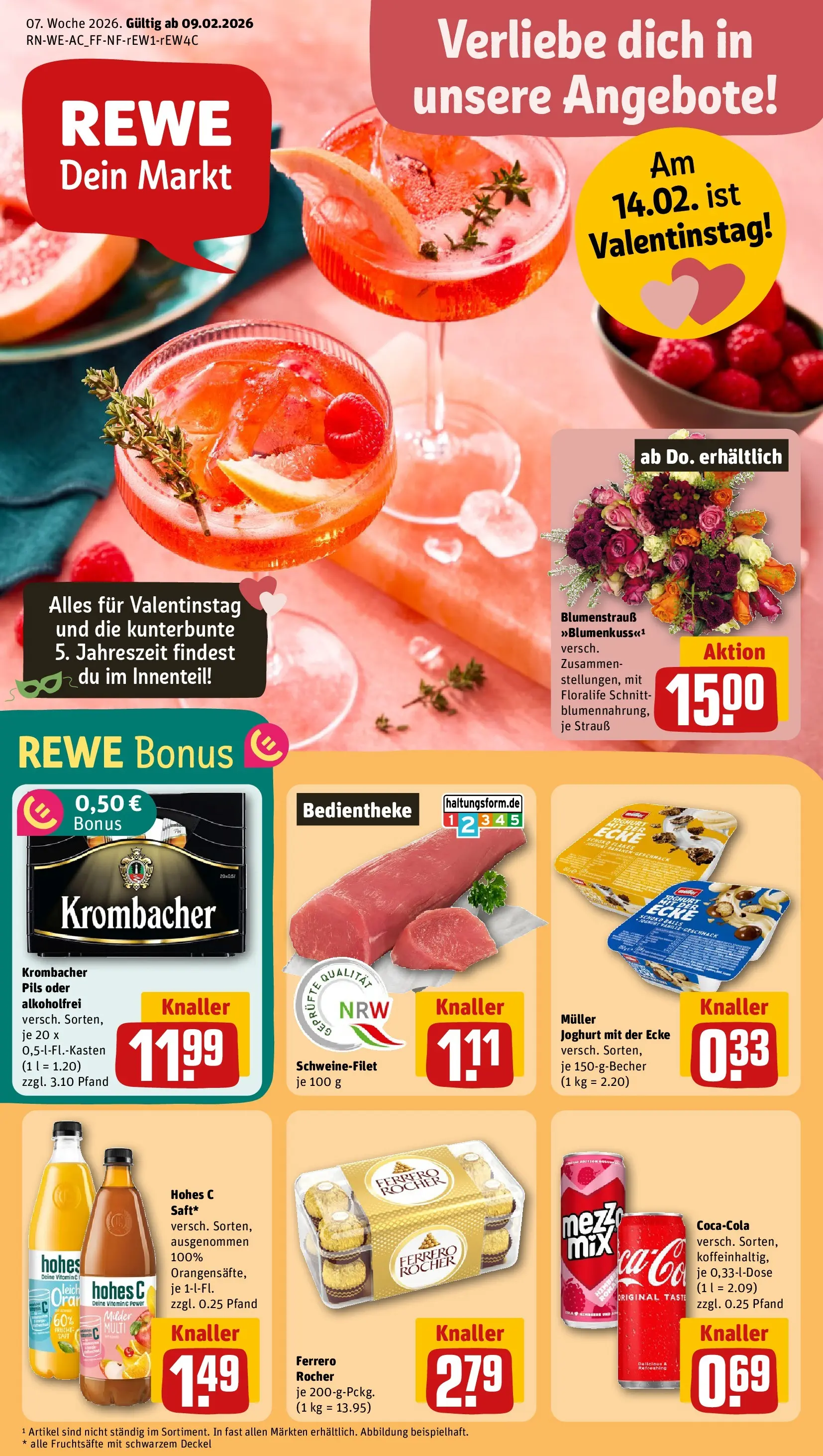 REWE Prospekt ab 08.02.2026 zum Blättern » Angebote | Seite: 1 | Produkte: Joghurt, Pils, Schweinefilet, Krombacher