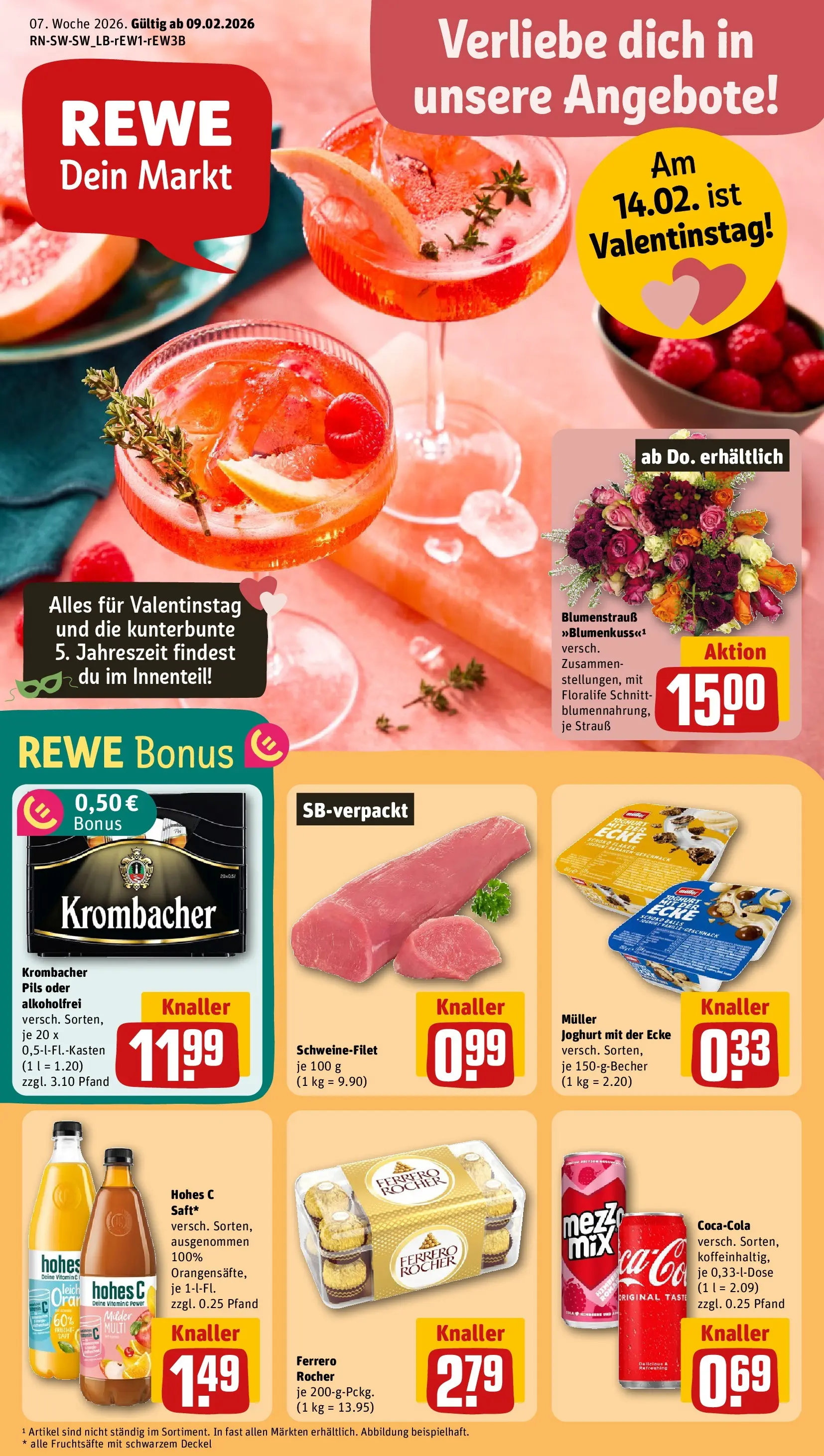 REWE Prospekt ab 08.02.2026 zum Blättern » Angebote | Seite: 1 | Produkte: Cola, Pils, Schweinefilet, Hohes c