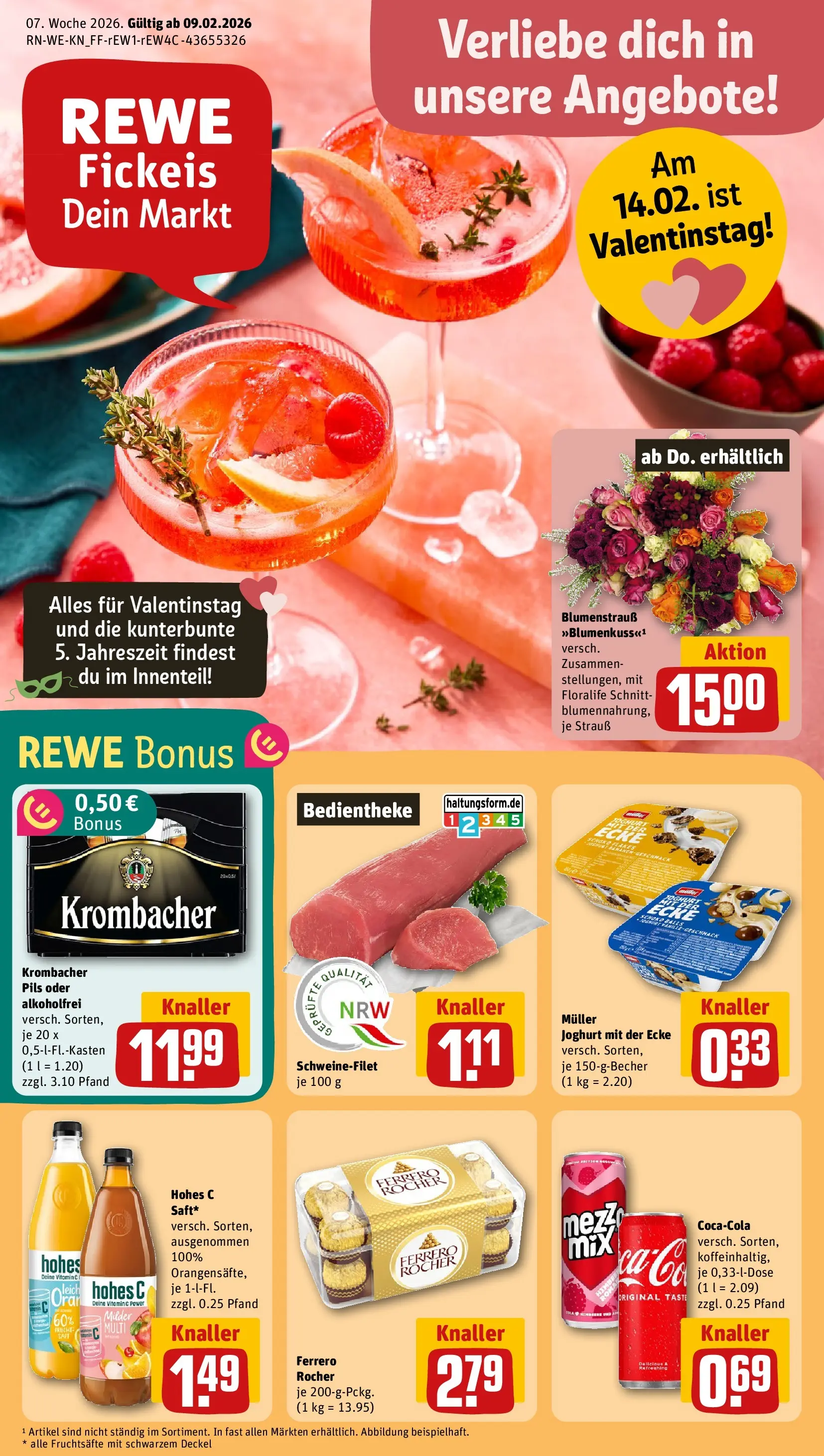 REWE Prospekt ab 09.02.2026 zum Blättern » Angebote | Seite: 1 | Produkte: Ferrero rocher, Joghurt, Schweinefilet, Hohes c