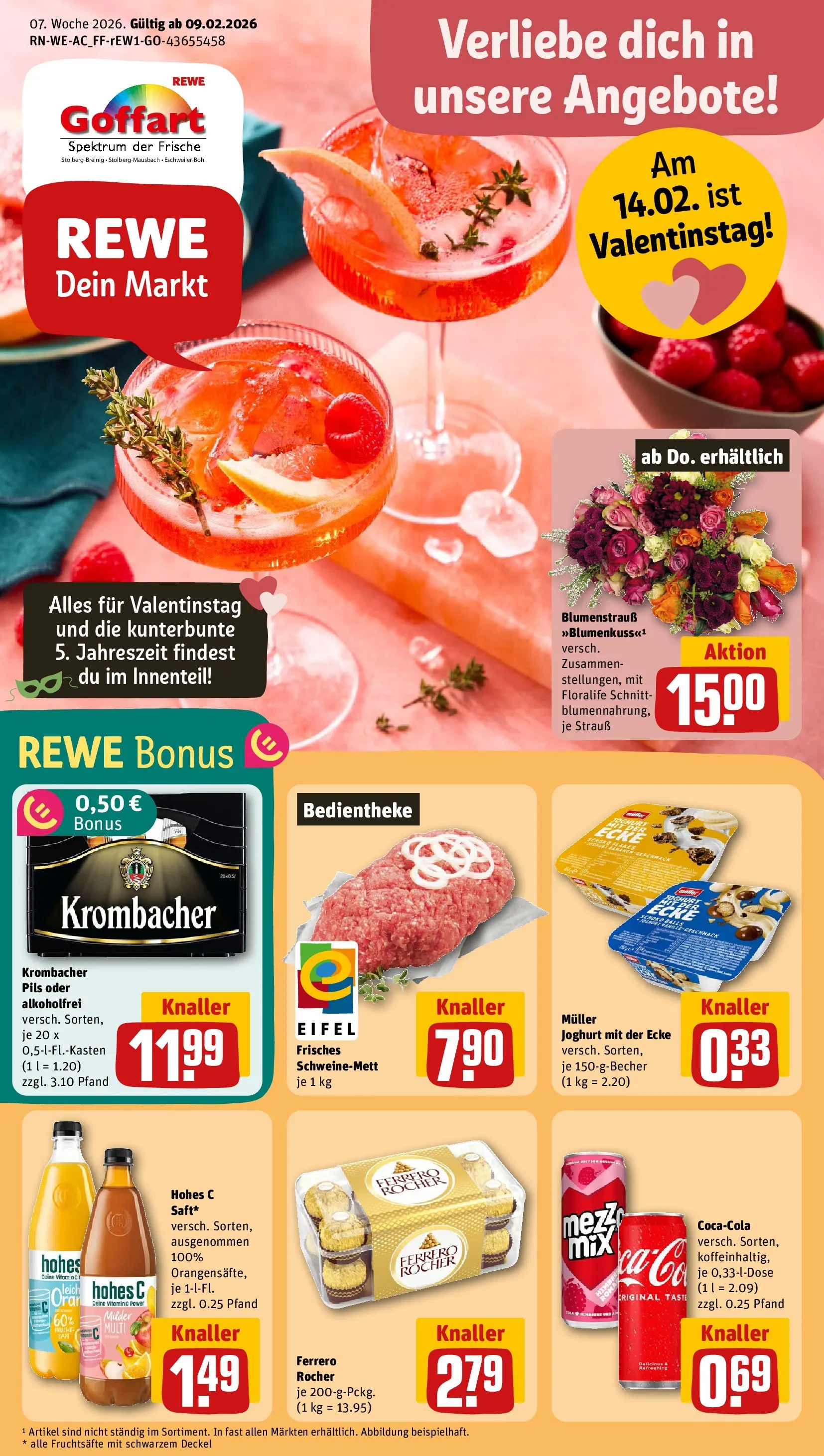 REWE Prospekt ab 09.02.2026 zum Blättern » Angebote | Seite: 1 | Produkte: Ferrero rocher, Joghurt, Pils, Krombacher