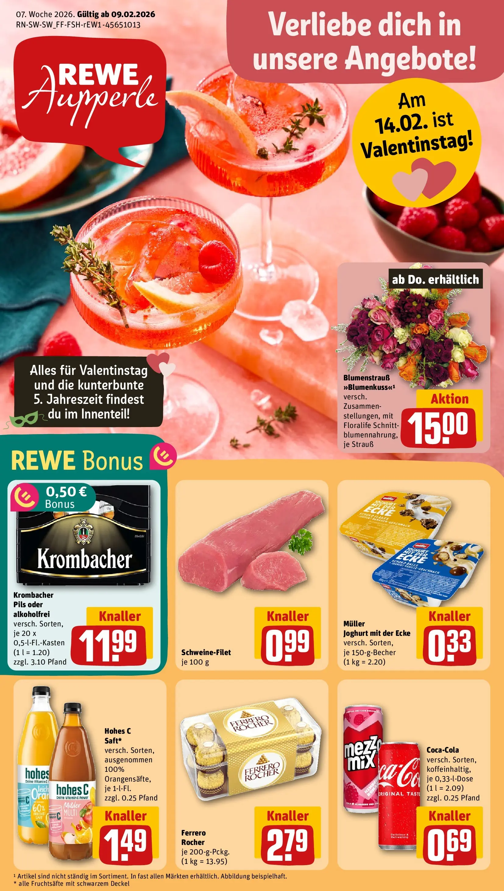 REWE Prospekt ab 09.02.2026 zum Blättern » Angebote | Seite: 1 | Produkte: Ferrero rocher, Pils, Schweinefilet, Hohes c