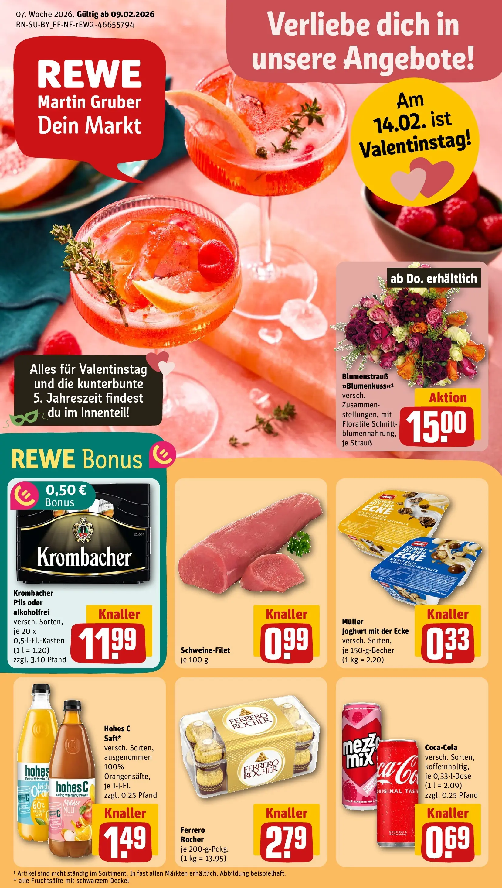 REWE Prospekt ab 09.02.2026 zum Blättern » Angebote | Seite: 3 | Produkte: Ferrero rocher, Joghurt, Schweinefilet, Krombacher