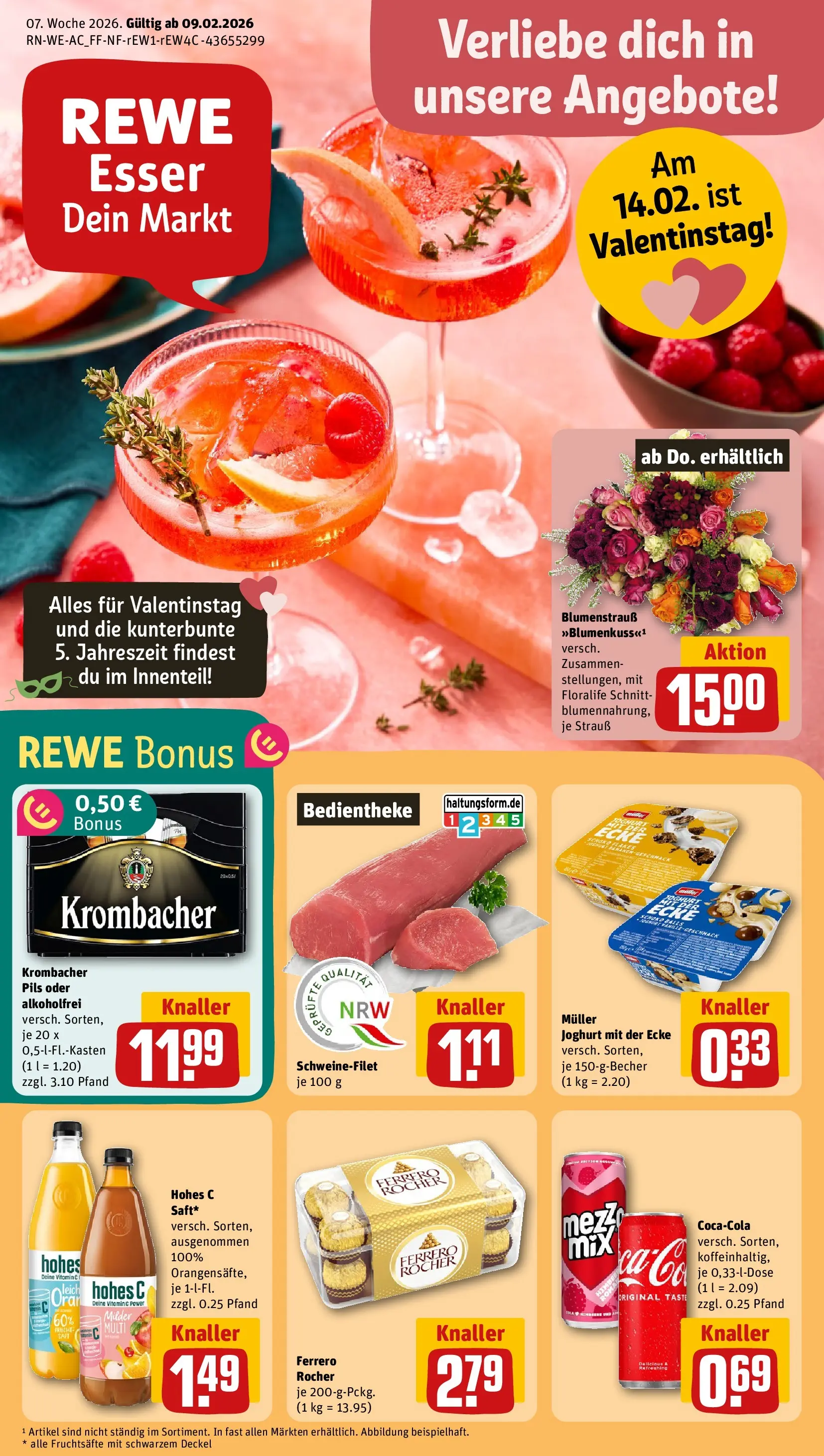 REWE Prospekt ab 09.02.2026 zum Blättern » Angebote | Seite: 1 | Produkte: Ferrero rocher, Cola, Joghurt, Schweinefilet