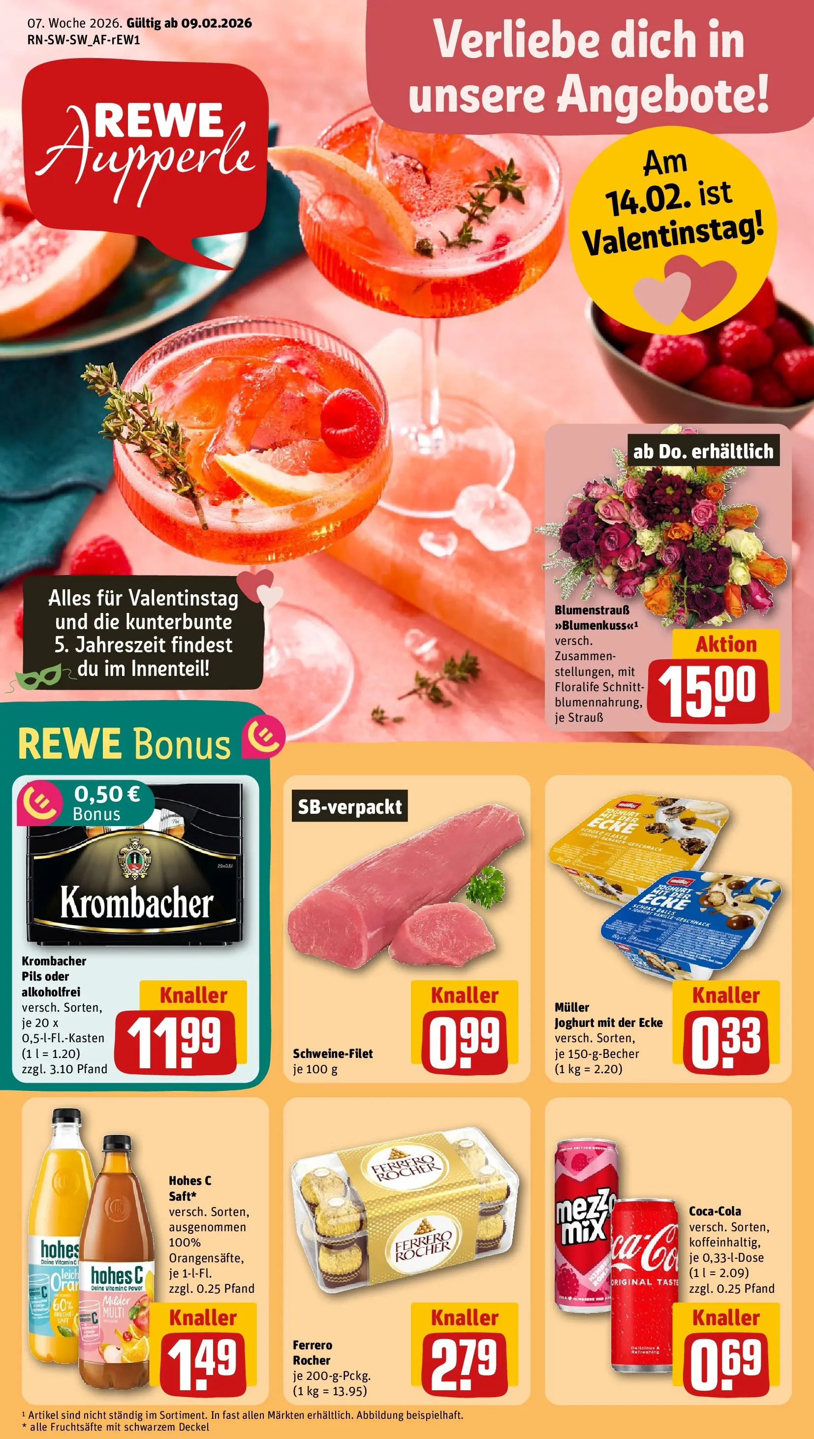 REWE Prospekt ab 09.02.2026 zum Blättern » Angebote | Seite: 1 | Produkte: Ferrero rocher, Pils, Krombacher, Hohes c