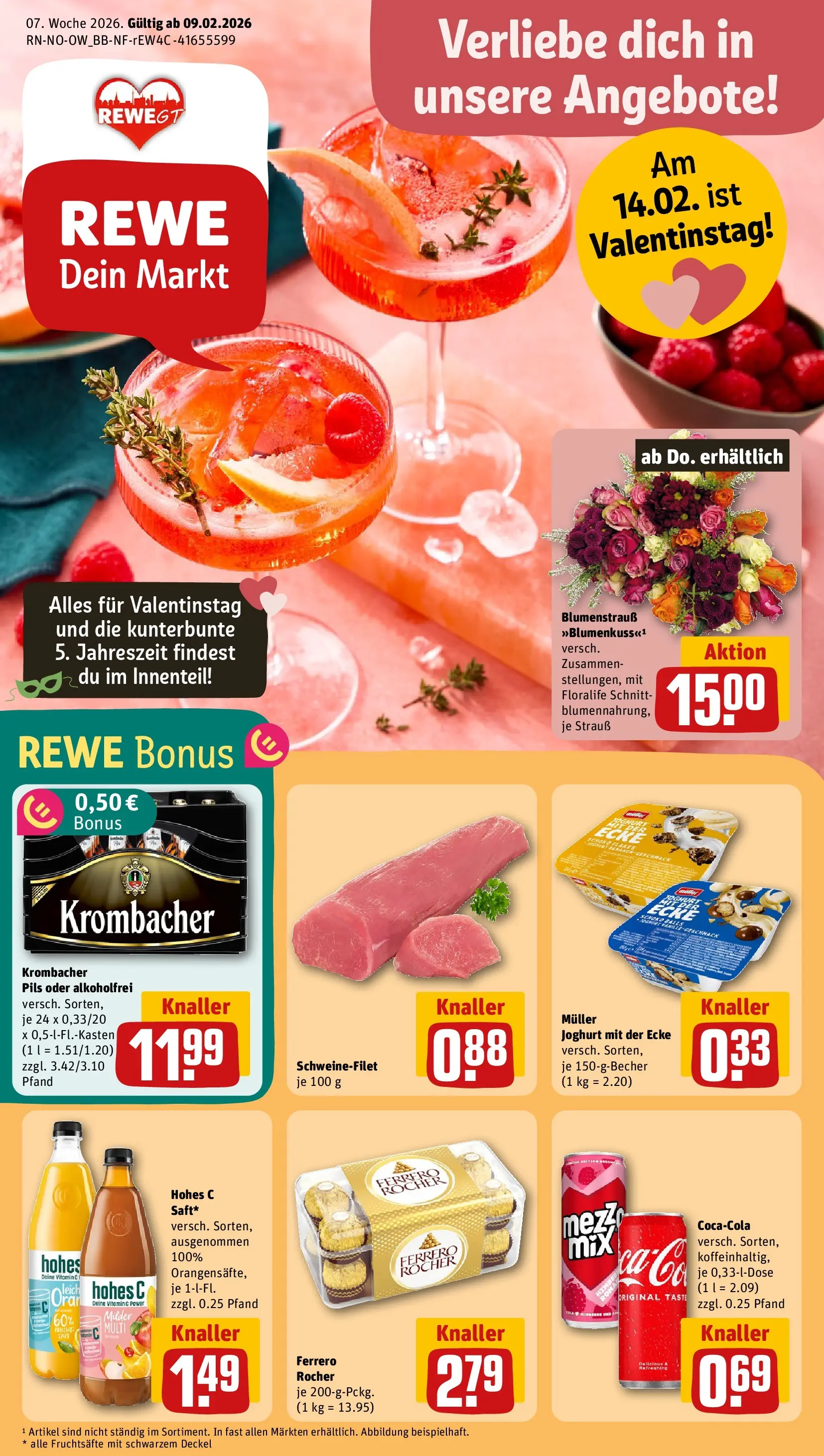 REWE Prospekt ab 09.02.2026 zum Blättern » Angebote | Seite: 1 | Produkte: Ferrero rocher, Joghurt, Krombacher, Saft