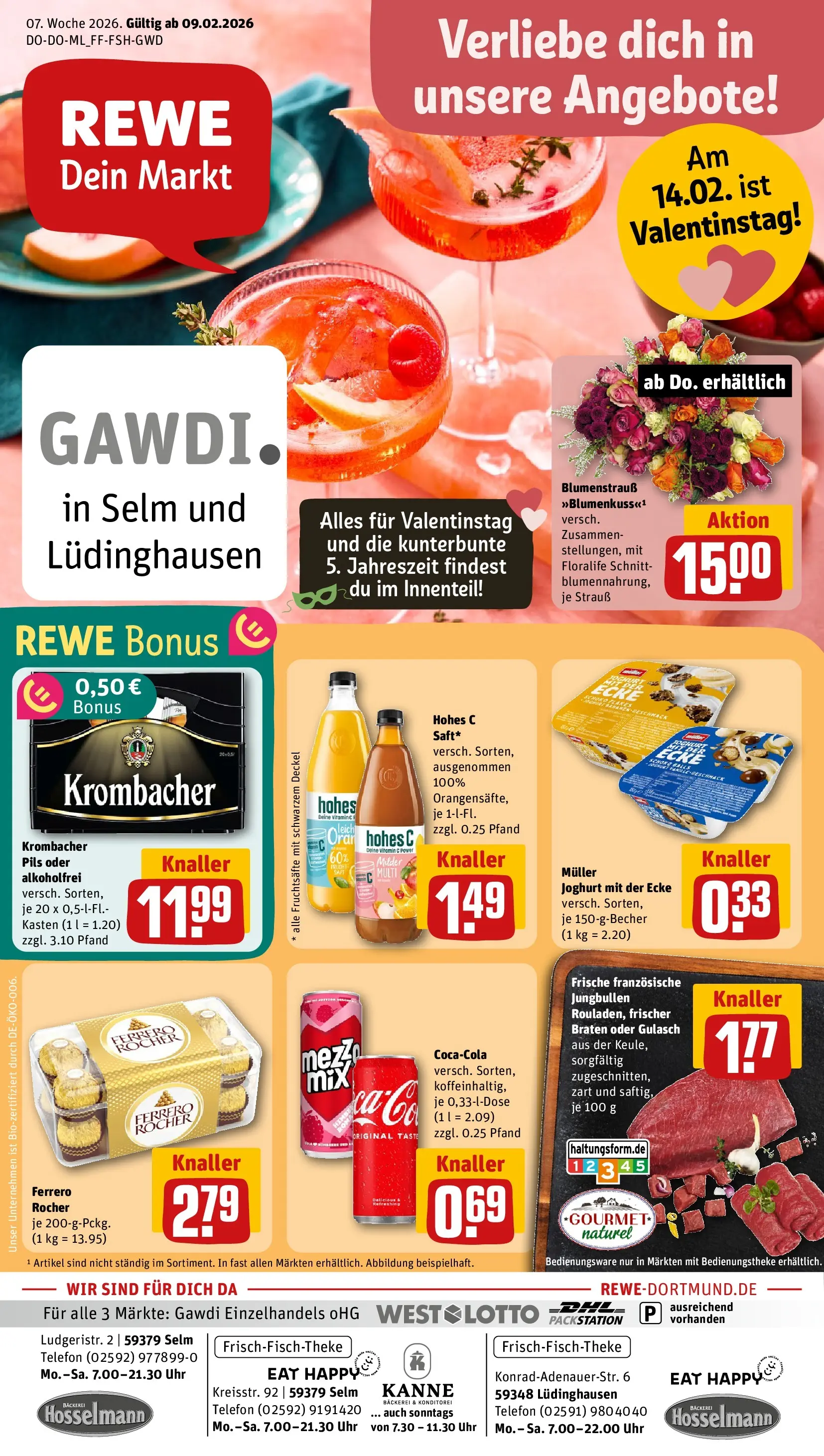REWE Prospekt ab 09.02.2026 zum Blättern » Angebote | Seite: 1 | Produkte: Bäckerei, Joghurt, Hohes c, Telefon