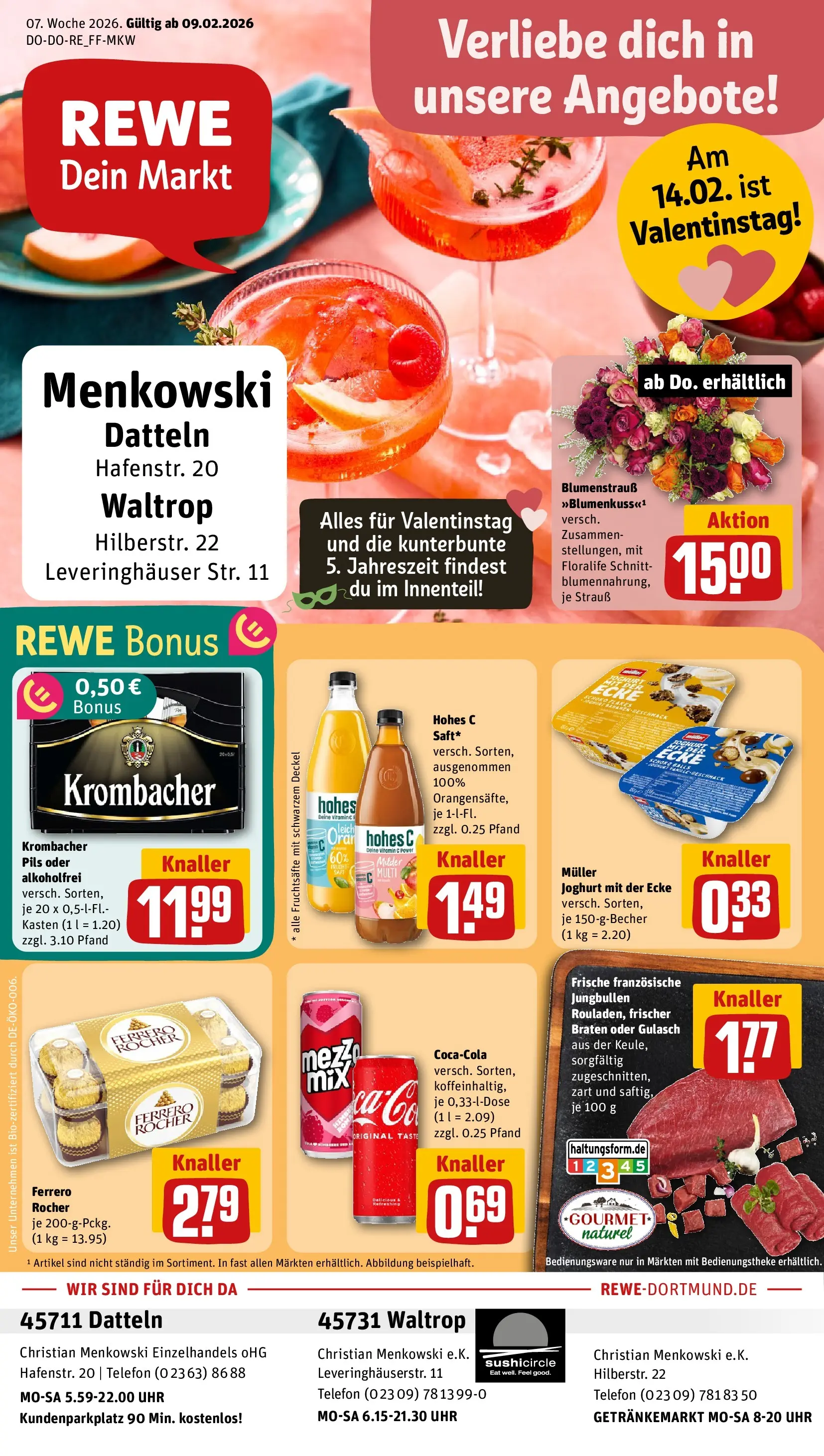 REWE Prospekt ab 09.02.2026 zum Blättern » Angebote | Seite: 1 | Produkte: Krombacher, Hohes c, Telefon, Uhr