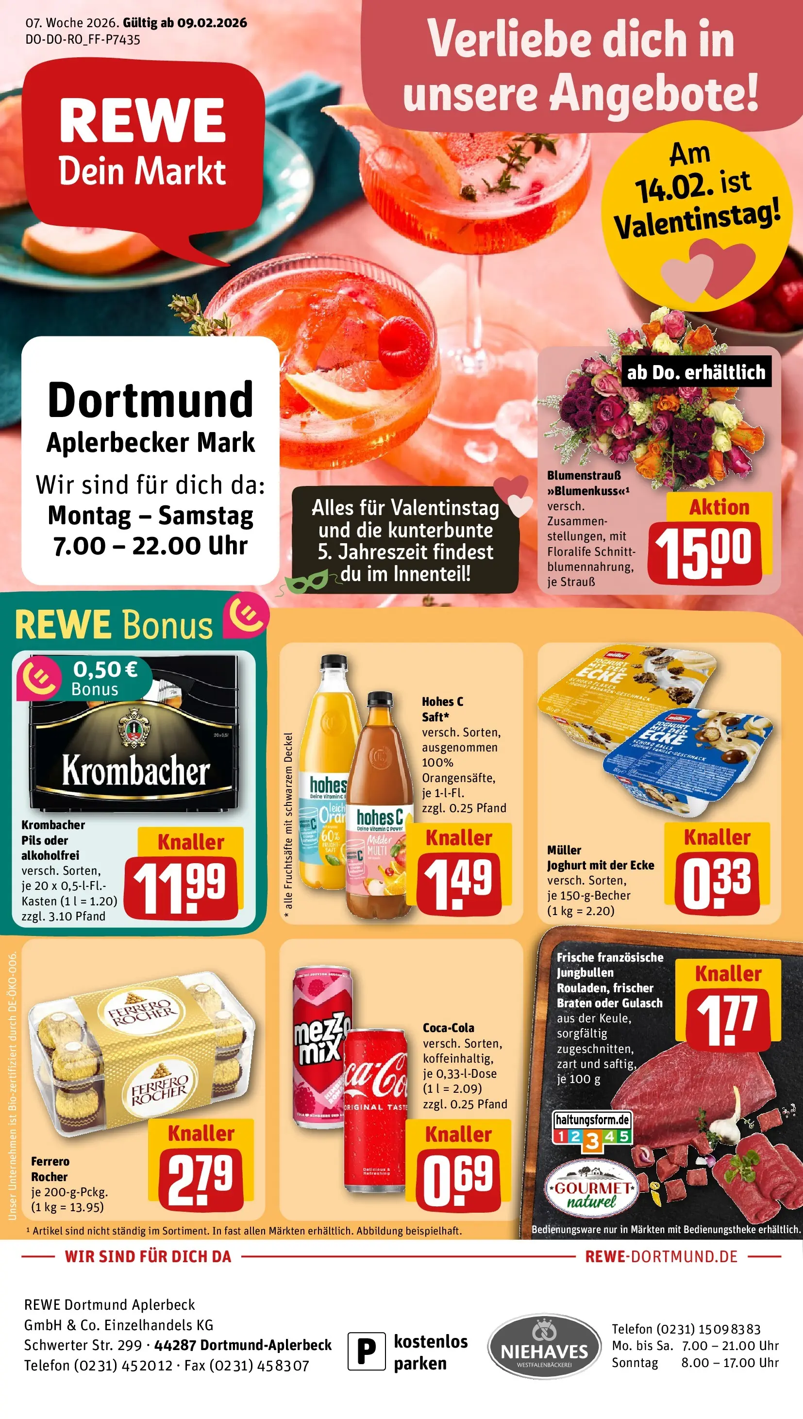 REWE Prospekt ab 09.02.2026 zum Blättern » Angebote | Seite: 1 | Produkte: Gulasch, Krombacher, Hohes c, Telefon
