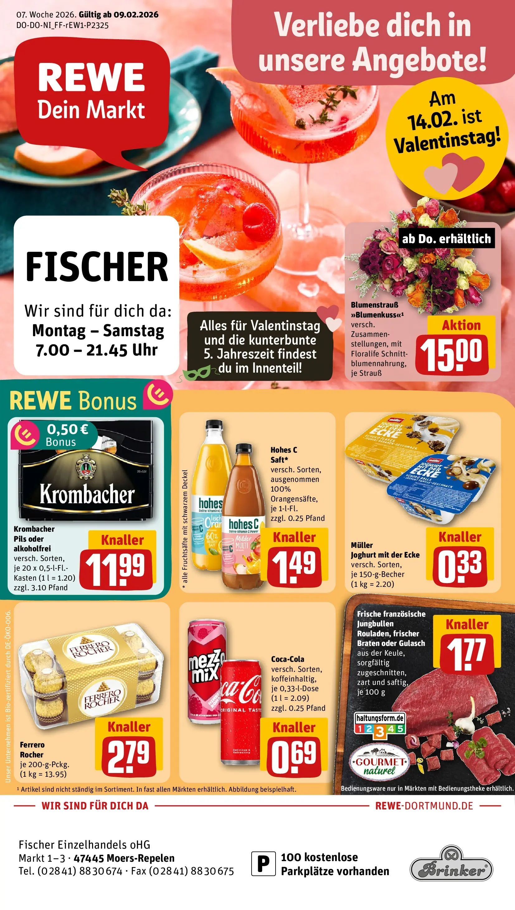 REWE Prospekt ab 09.02.2026 zum Blättern » Angebote | Seite: 1 | Produkte: Ferrero rocher, Pils, Krombacher, Hohes c