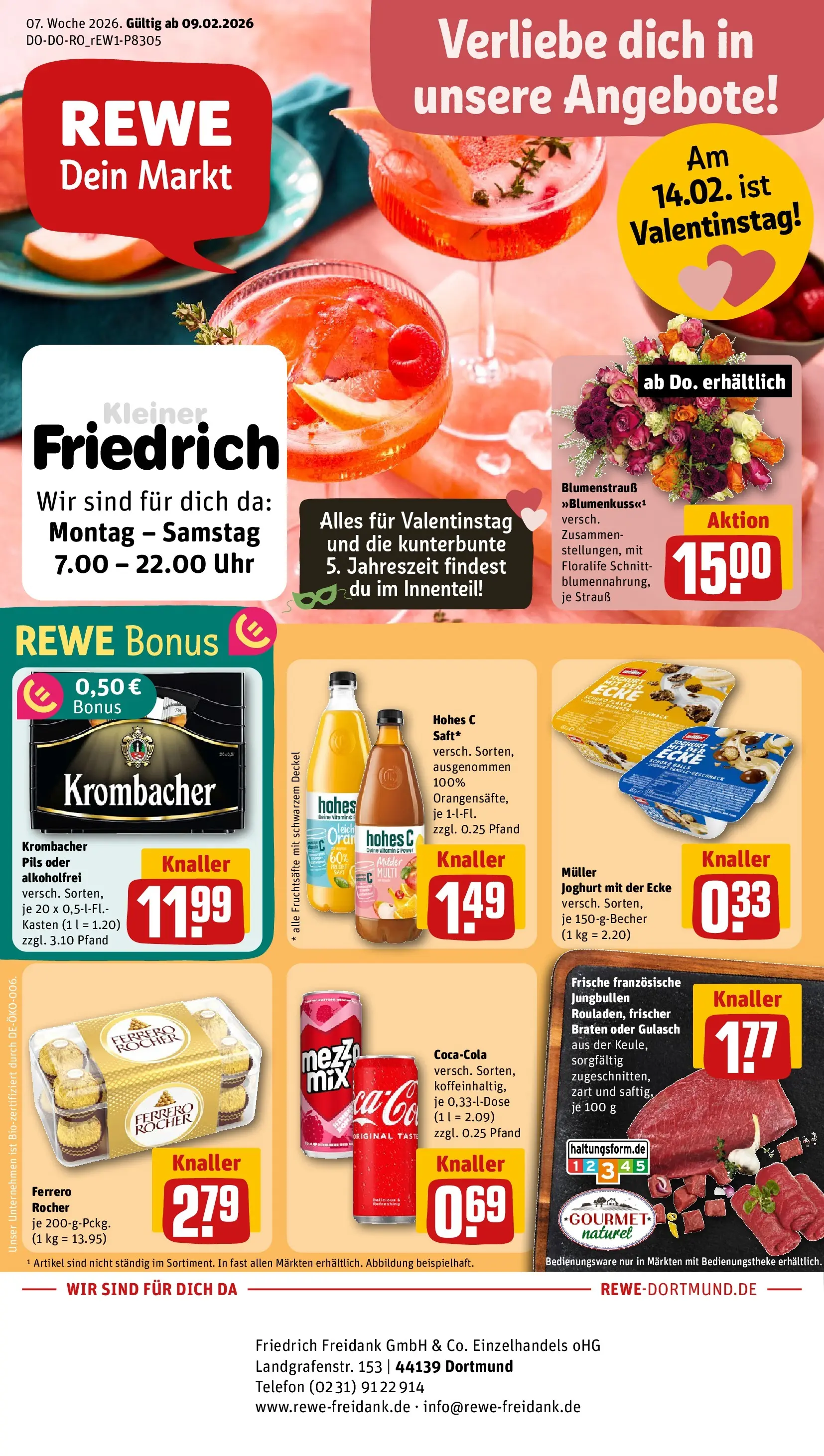 REWE Prospekt ab 09.02.2026 zum Blättern » Angebote | Seite: 1 | Produkte: Ferrero rocher, Gulasch, Krombacher, Hohes c