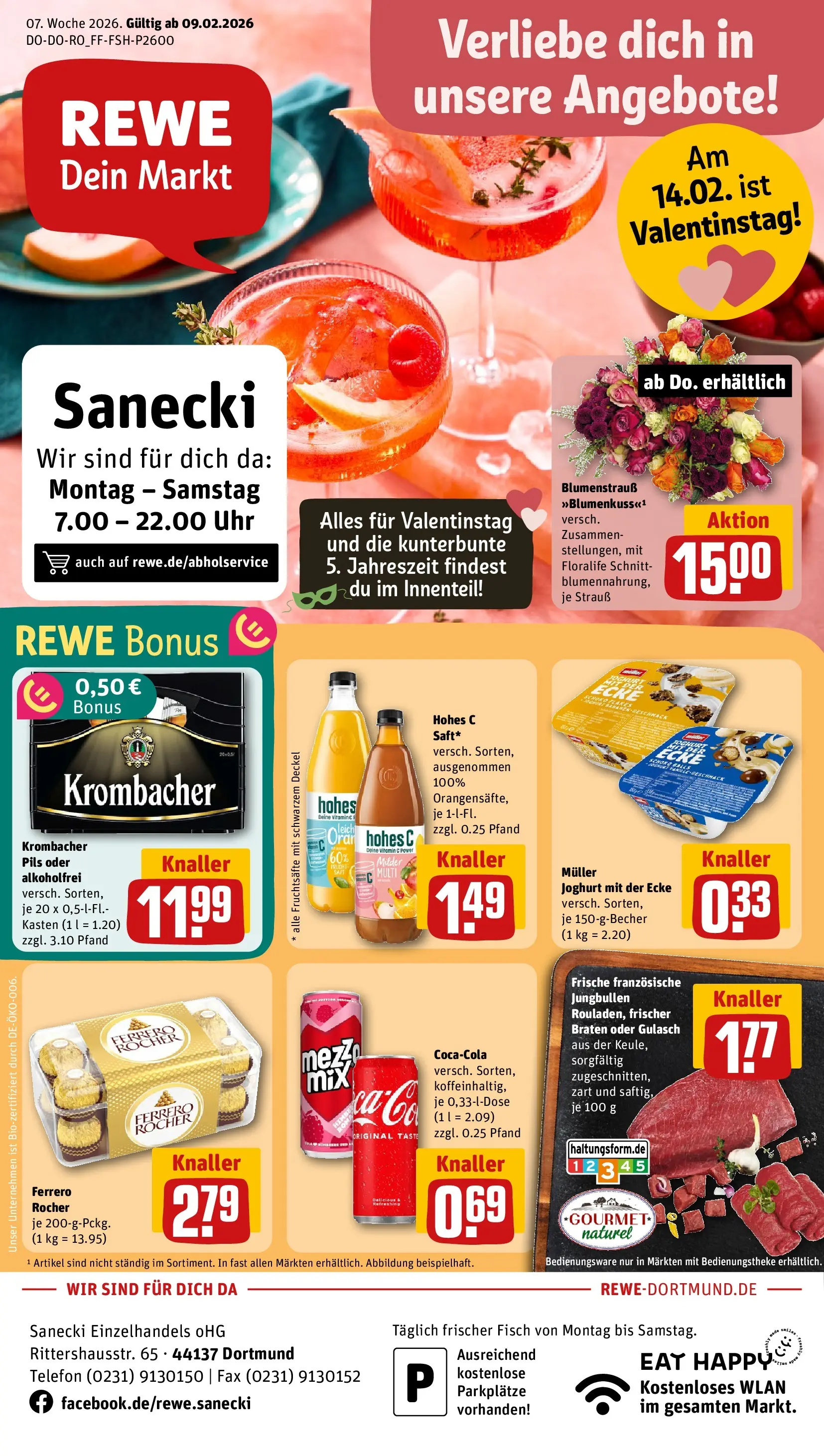 REWE Prospekt ab 09.02.2026 zum Blättern » Angebote | Seite: 1 | Produkte: Ferrero rocher, Fisch, Gulasch, Uhr