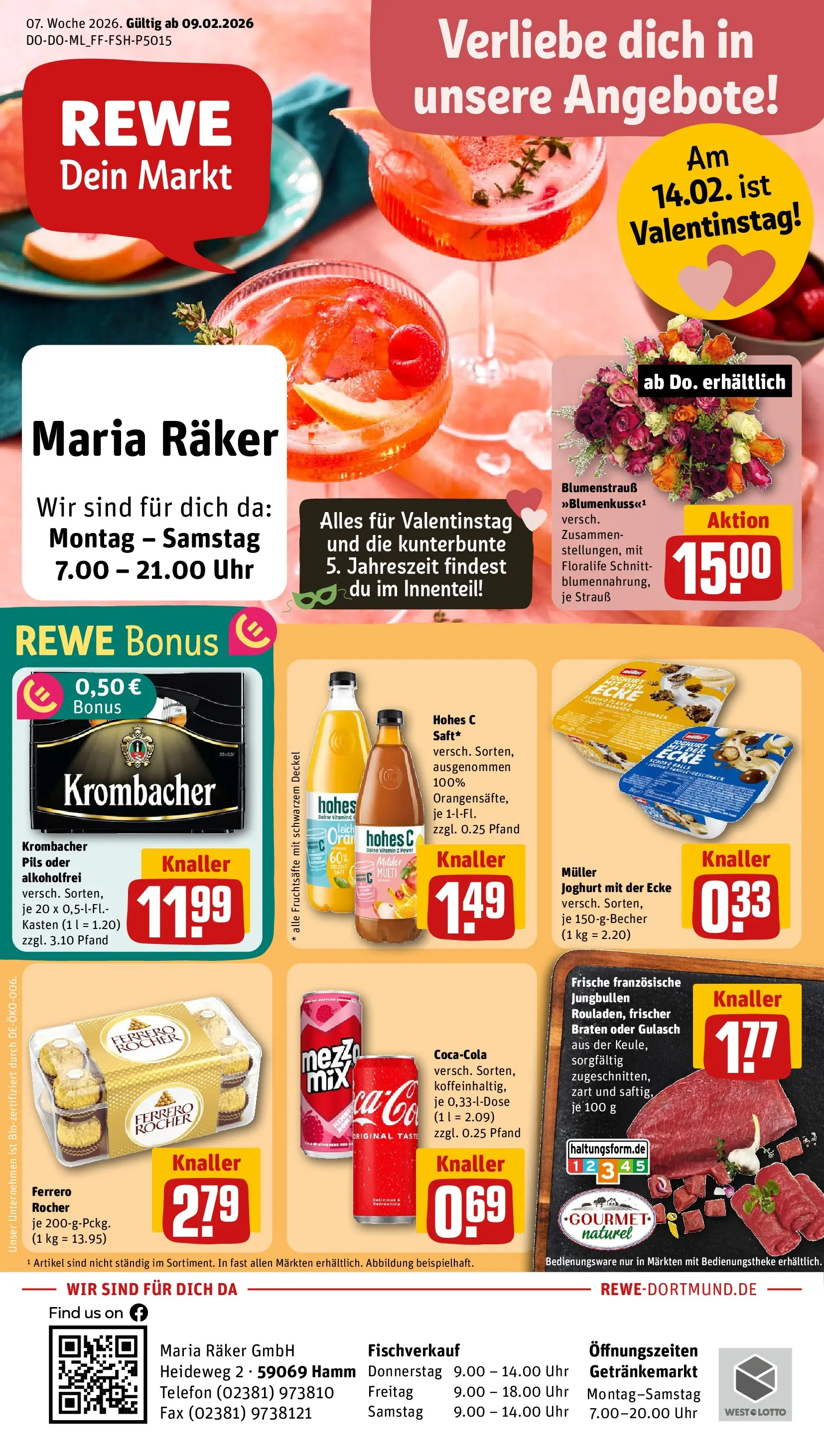 REWE Prospekt ab 09.02.2026 zum Blättern » Angebote | Seite: 1 | Produkte: Ferrero rocher, Pils, Gulasch, Uhr