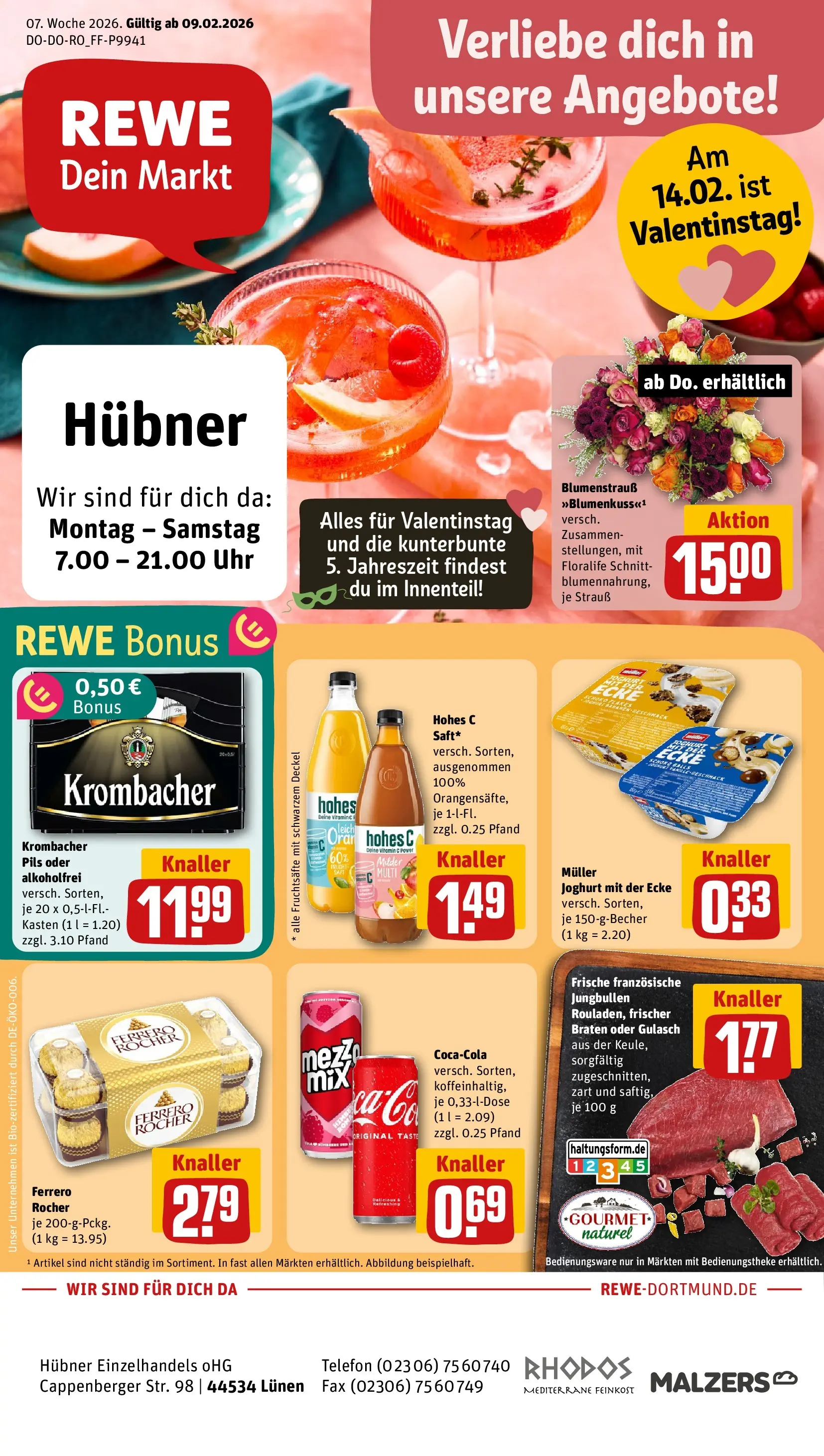 REWE Prospekt ab 09.02.2026 zum Blättern » Angebote | Seite: 1 | Produkte: Gulasch, Hohes c, Telefon, Uhr