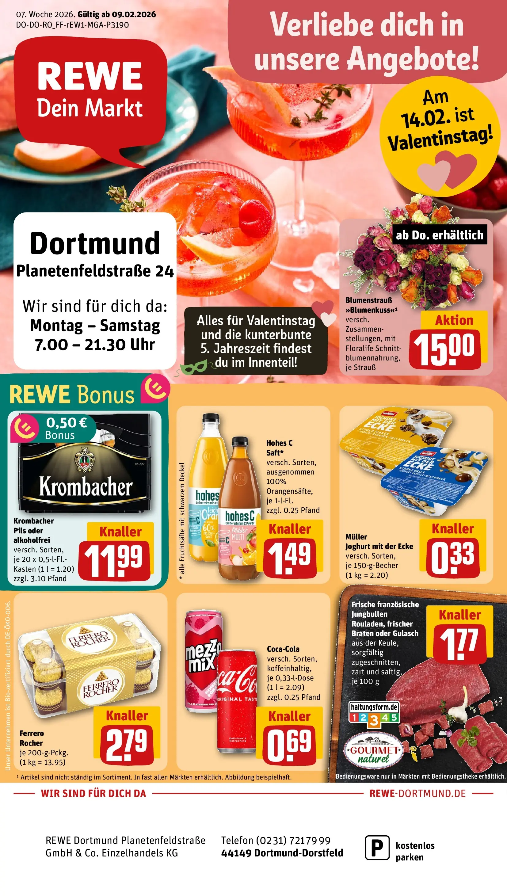 REWE Prospekt ab 09.02.2026 zum Blättern » Angebote | Seite: 1 | Produkte: Ferrero rocher, Joghurt, Pils, Telefon