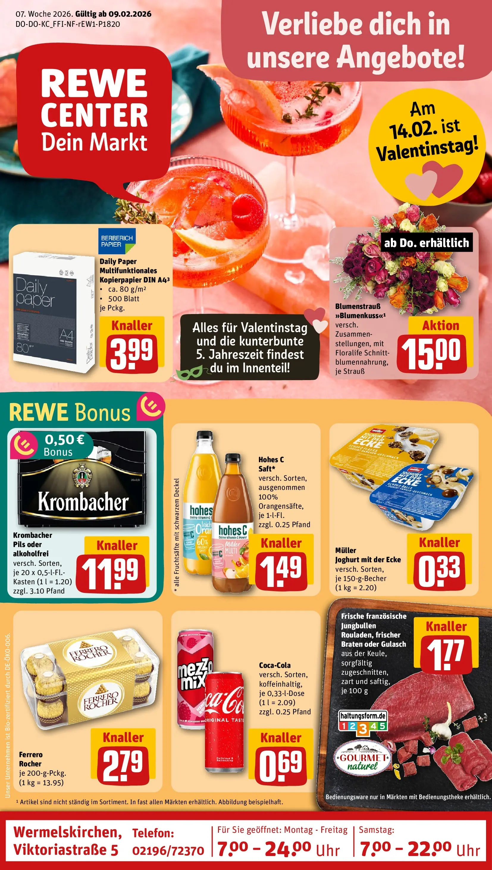 REWE Prospekt ab 09.02.2026 zum Blättern » Angebote | Seite: 1 | Produkte: Joghurt, Krombacher, Hohes c, Telefon
