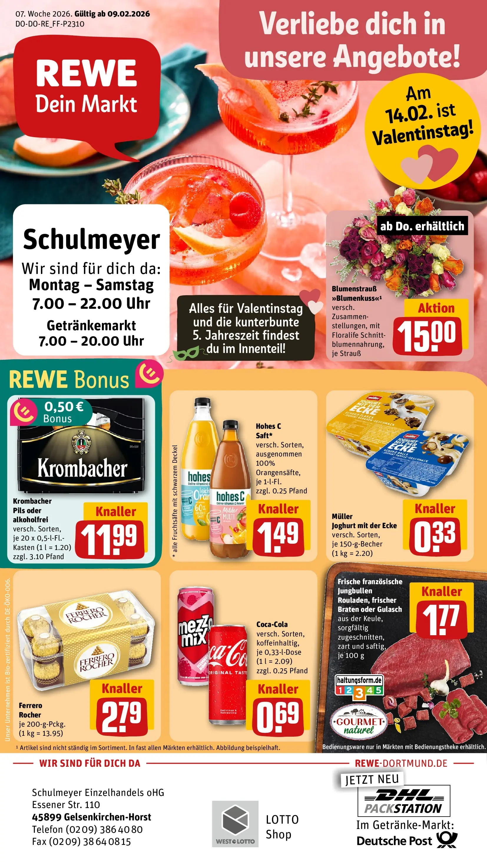 REWE Prospekt ab 09.02.2026 zum Blättern » Angebote | Seite: 1 | Produkte: Ferrero rocher, Cola, Joghurt, Krombacher
