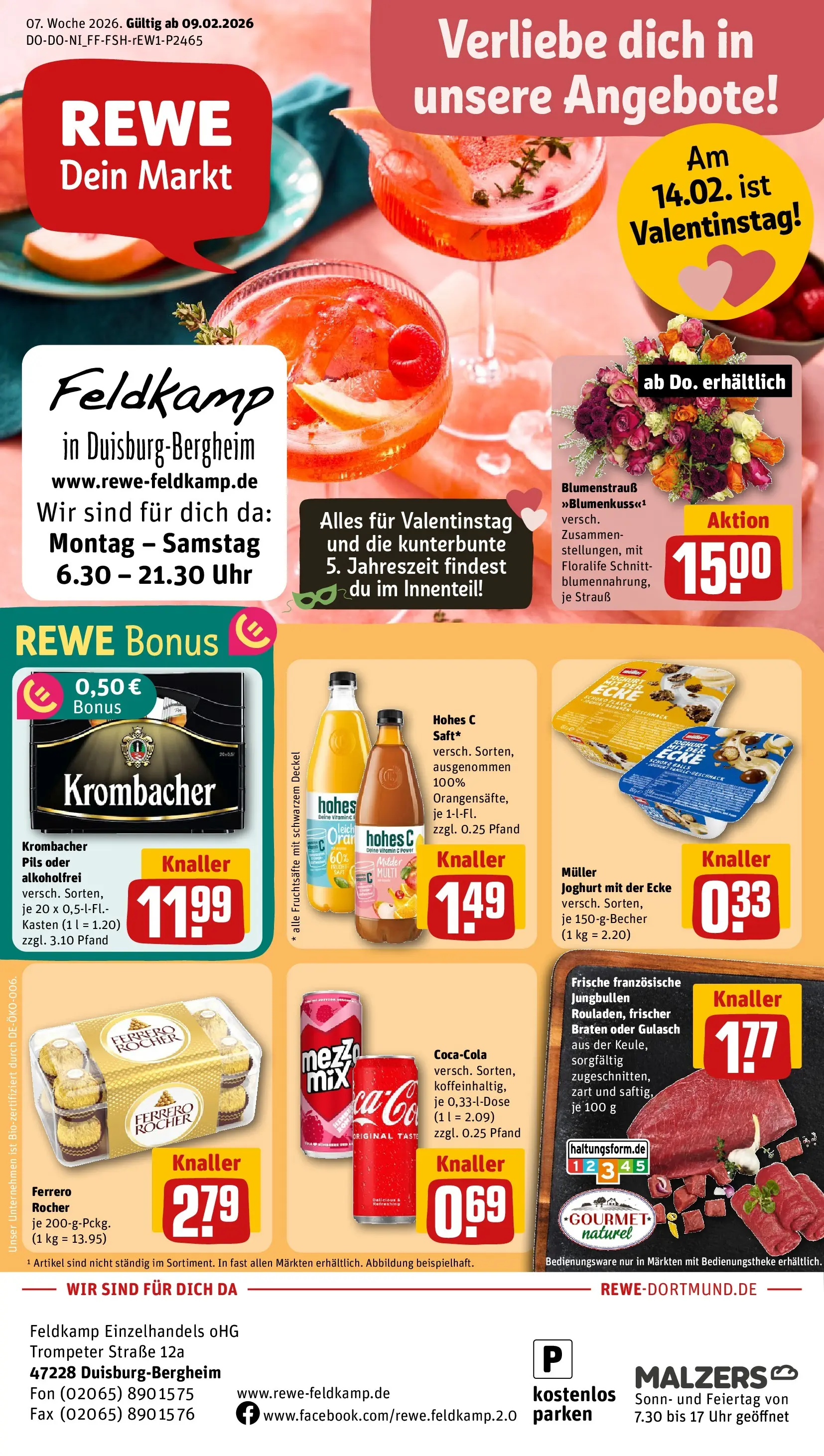 REWE Prospekt ab 09.02.2026 zum Blättern » Angebote | Seite: 1 | Produkte: Ferrero rocher, Krombacher, Hohes c, Uhr