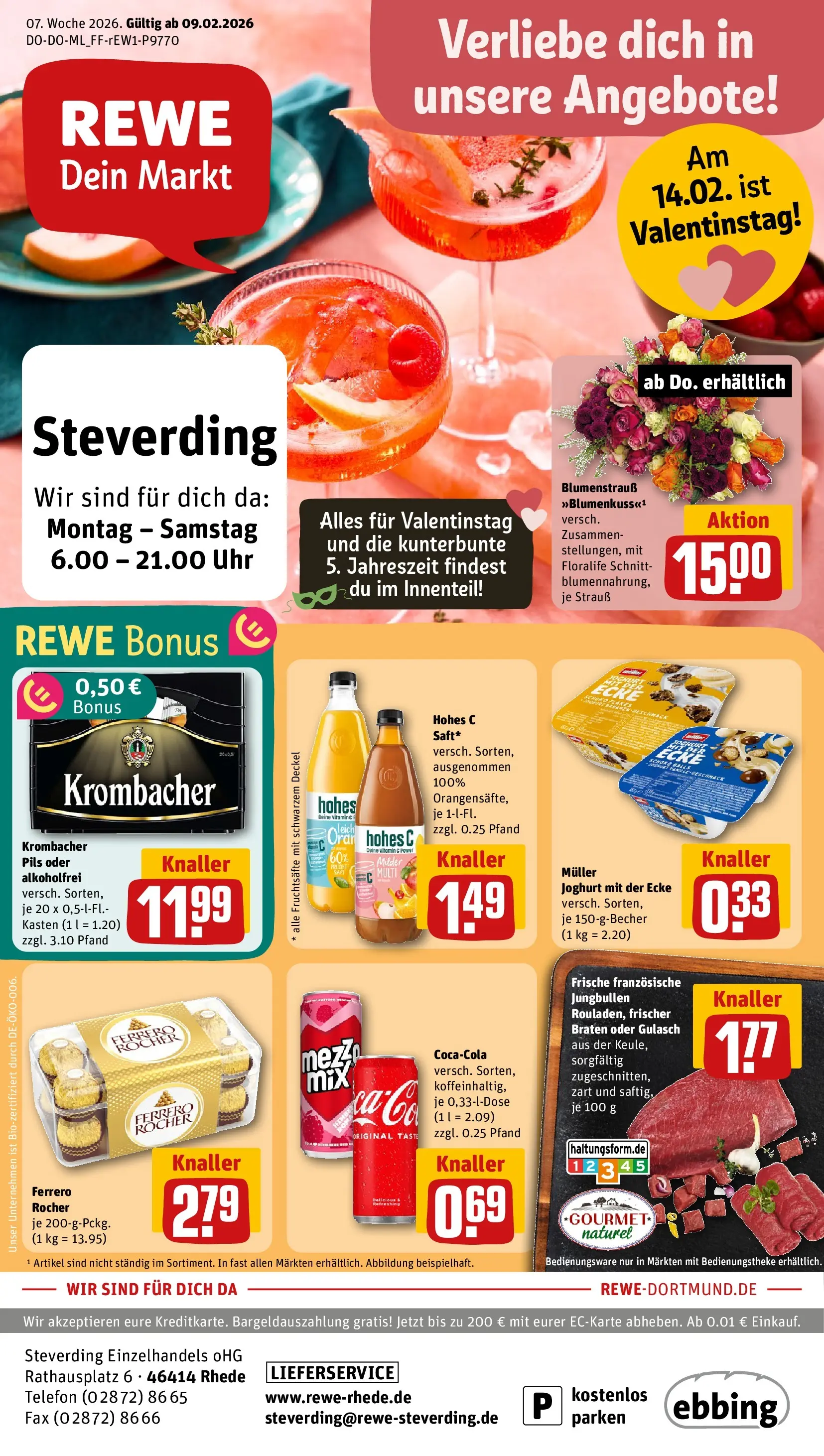 REWE Prospekt ab 09.02.2026 zum Blättern » Angebote | Seite: 1 | Produkte: Cola, Pils, Gulasch, Telefon