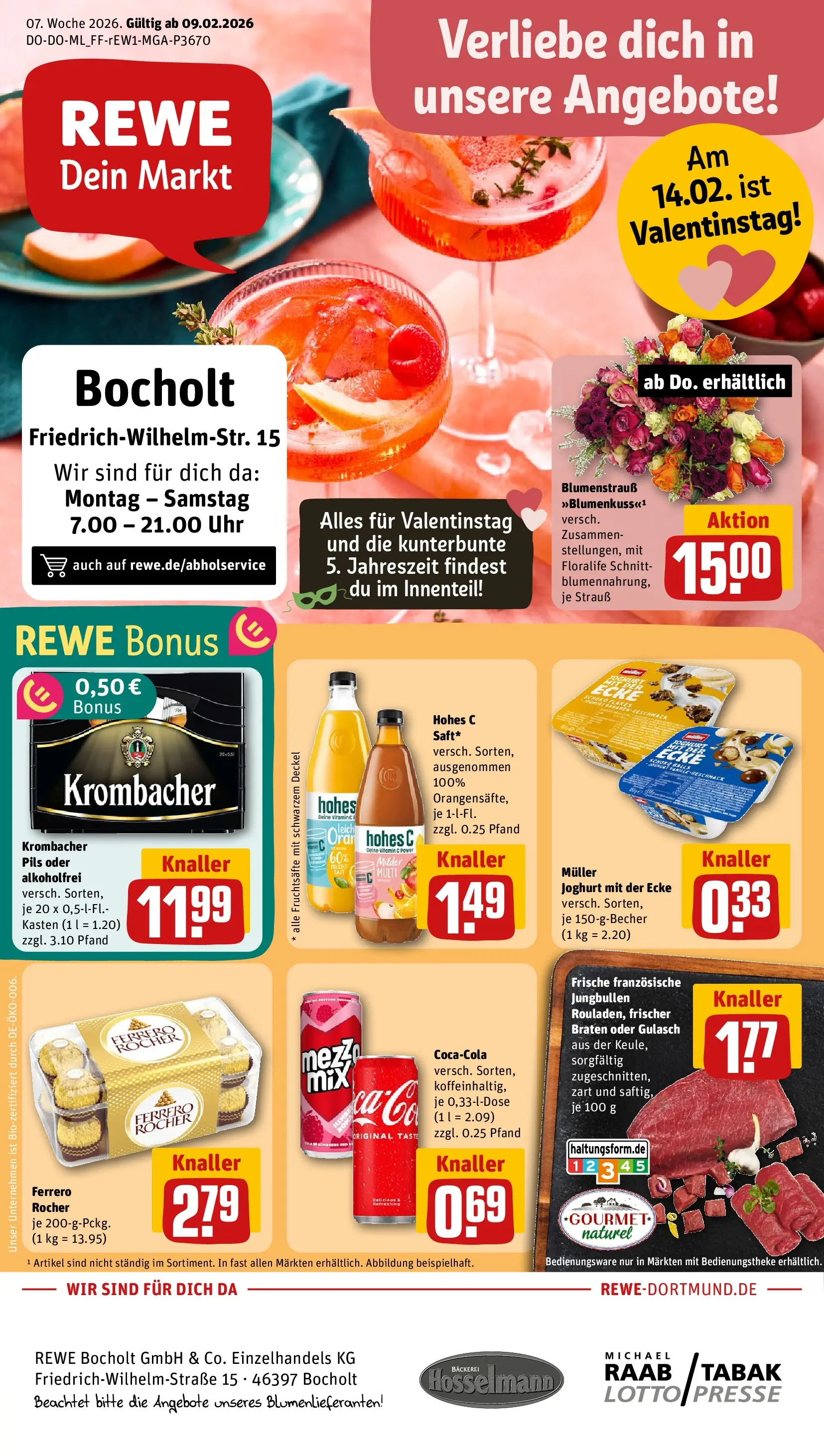 REWE Prospekt ab 09.02.2026 zum Blättern » Angebote | Seite: 1 | Produkte: Presse, Ferrero rocher, Joghurt, Gulasch