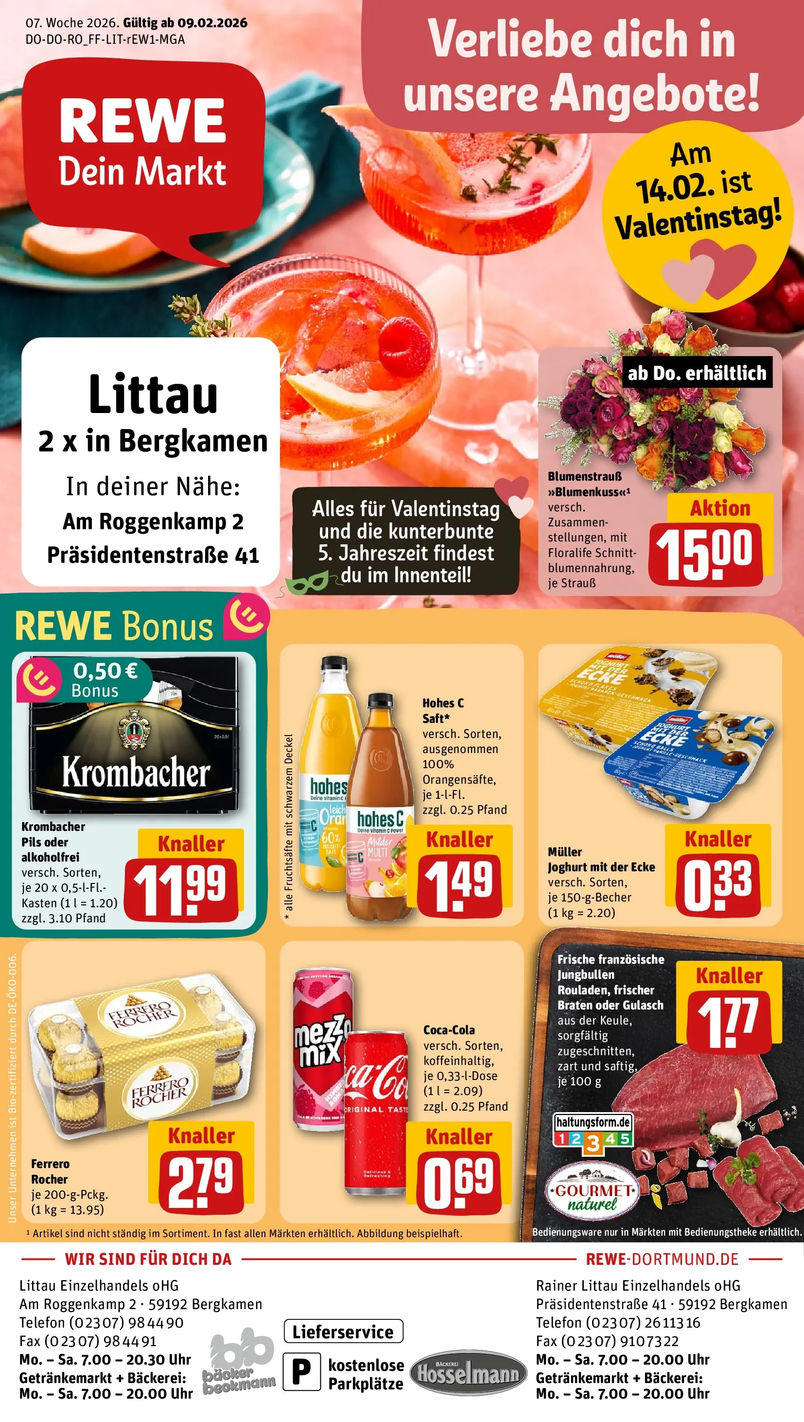 REWE Prospekt ab 09.02.2026 zum Blättern » Angebote | Seite: 1 | Produkte: Ferrero rocher, Pils, Hohes c, Telefon