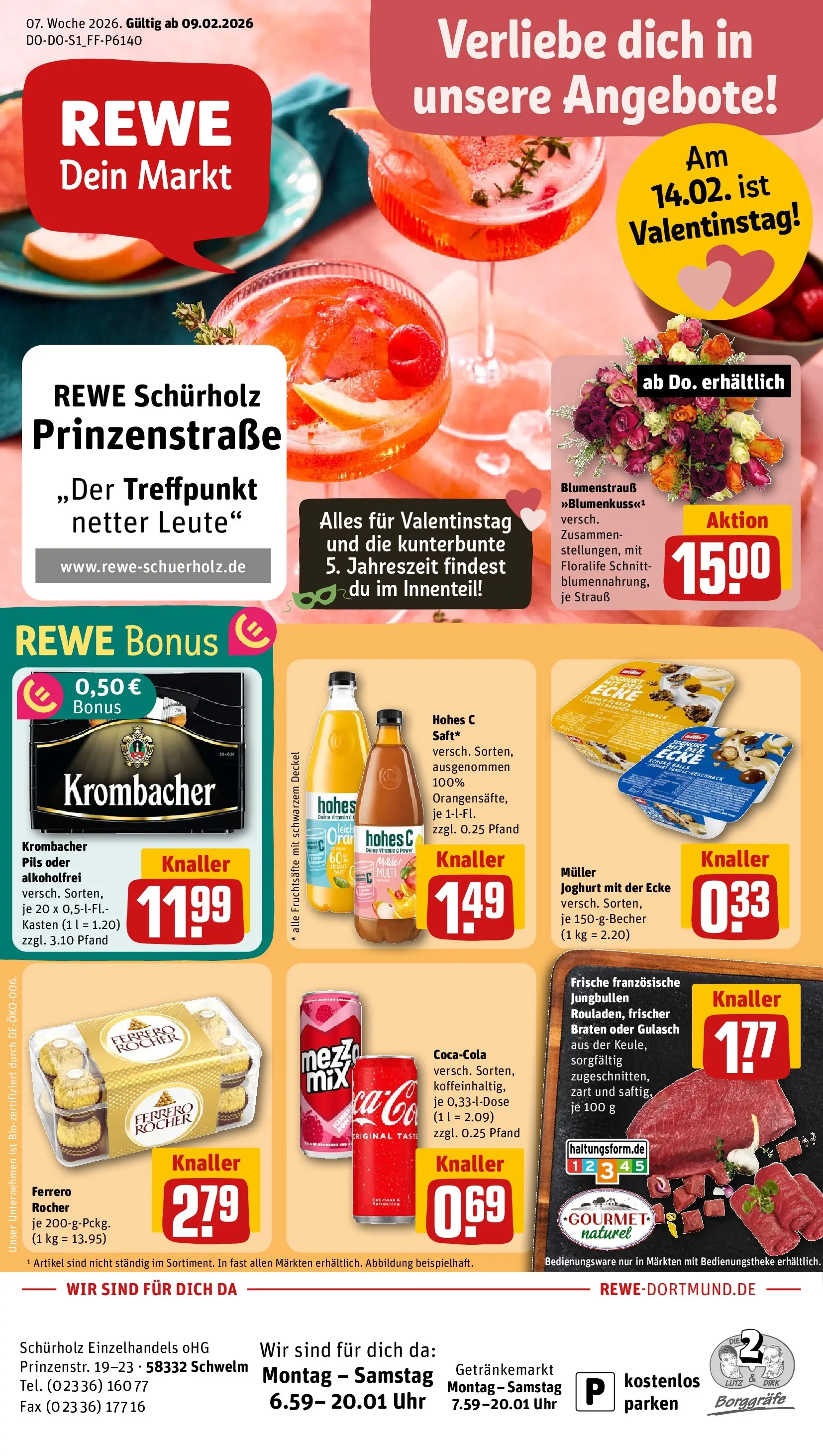 REWE Prospekt ab 09.02.2026 zum Blättern » Angebote | Seite: 1 | Produkte: Ferrero rocher, Joghurt, Pils, Krombacher