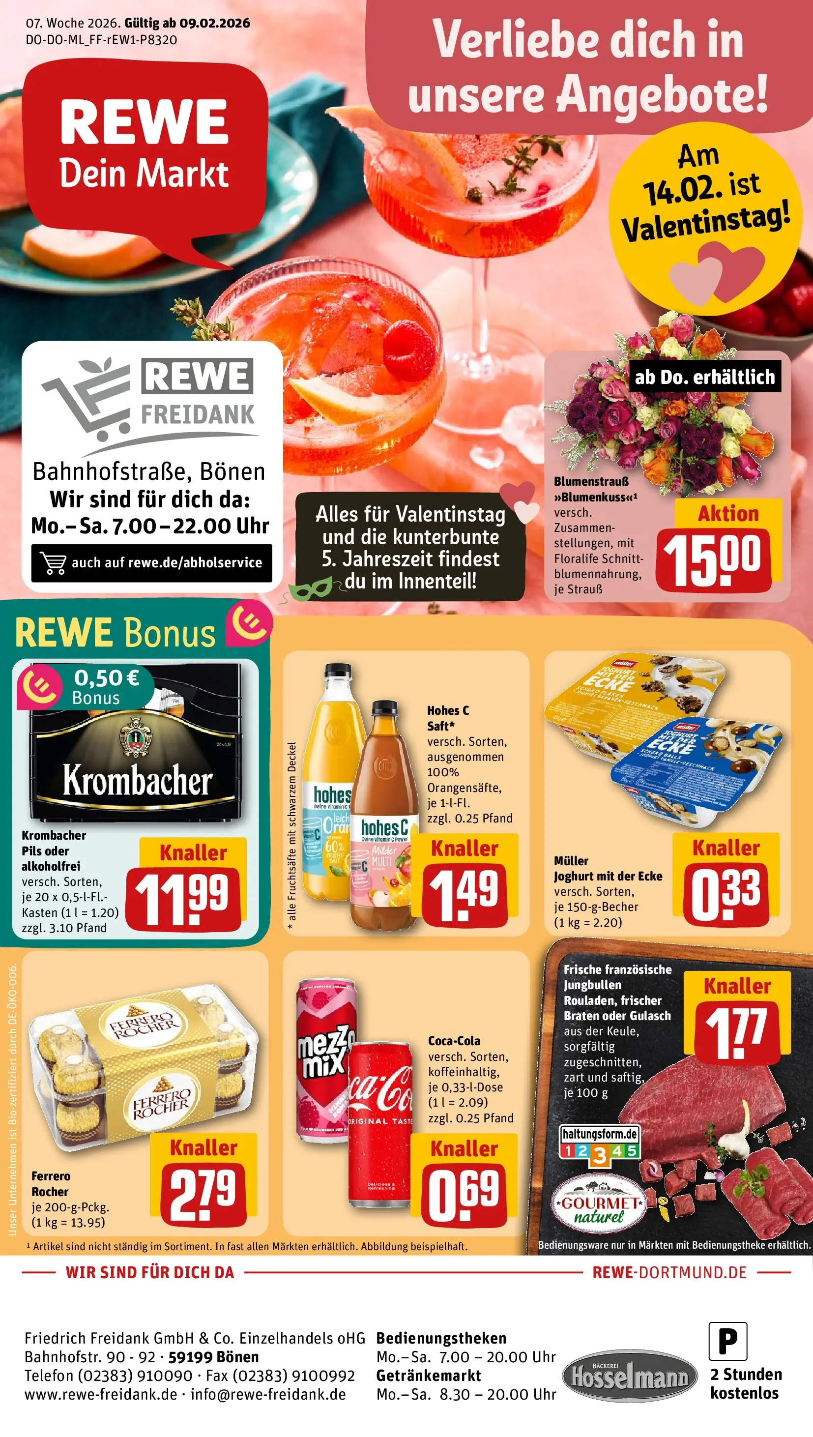 REWE Prospekt ab 09.02.2026 zum Blättern » Angebote | Seite: 1 | Produkte: Cola, Gulasch, Krombacher, Uhr