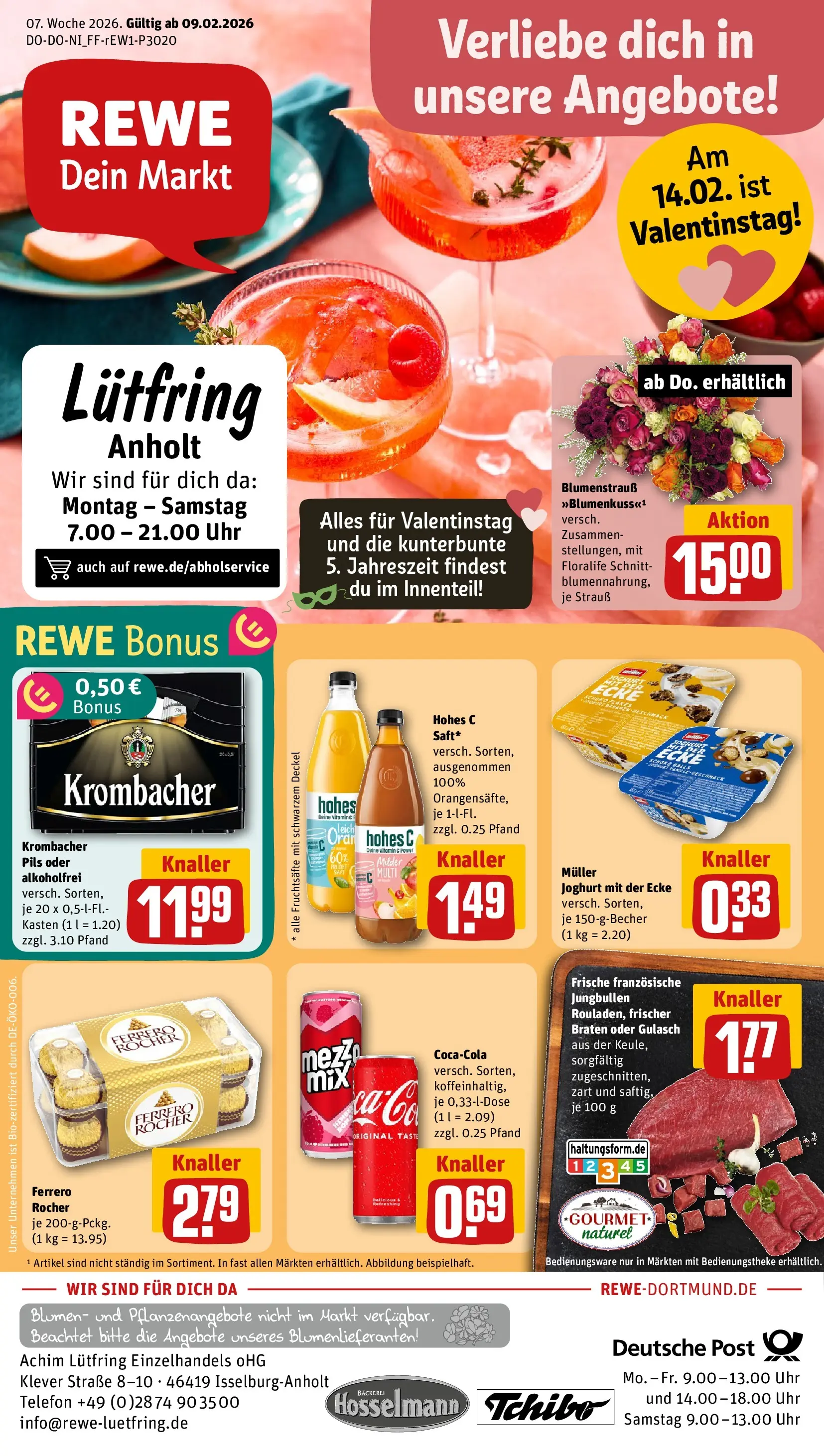 REWE Prospekt ab 09.02.2026 zum Blättern » Angebote | Seite: 1 | Produkte: Bäckerei, Ferrero rocher, Joghurt, Blumen
