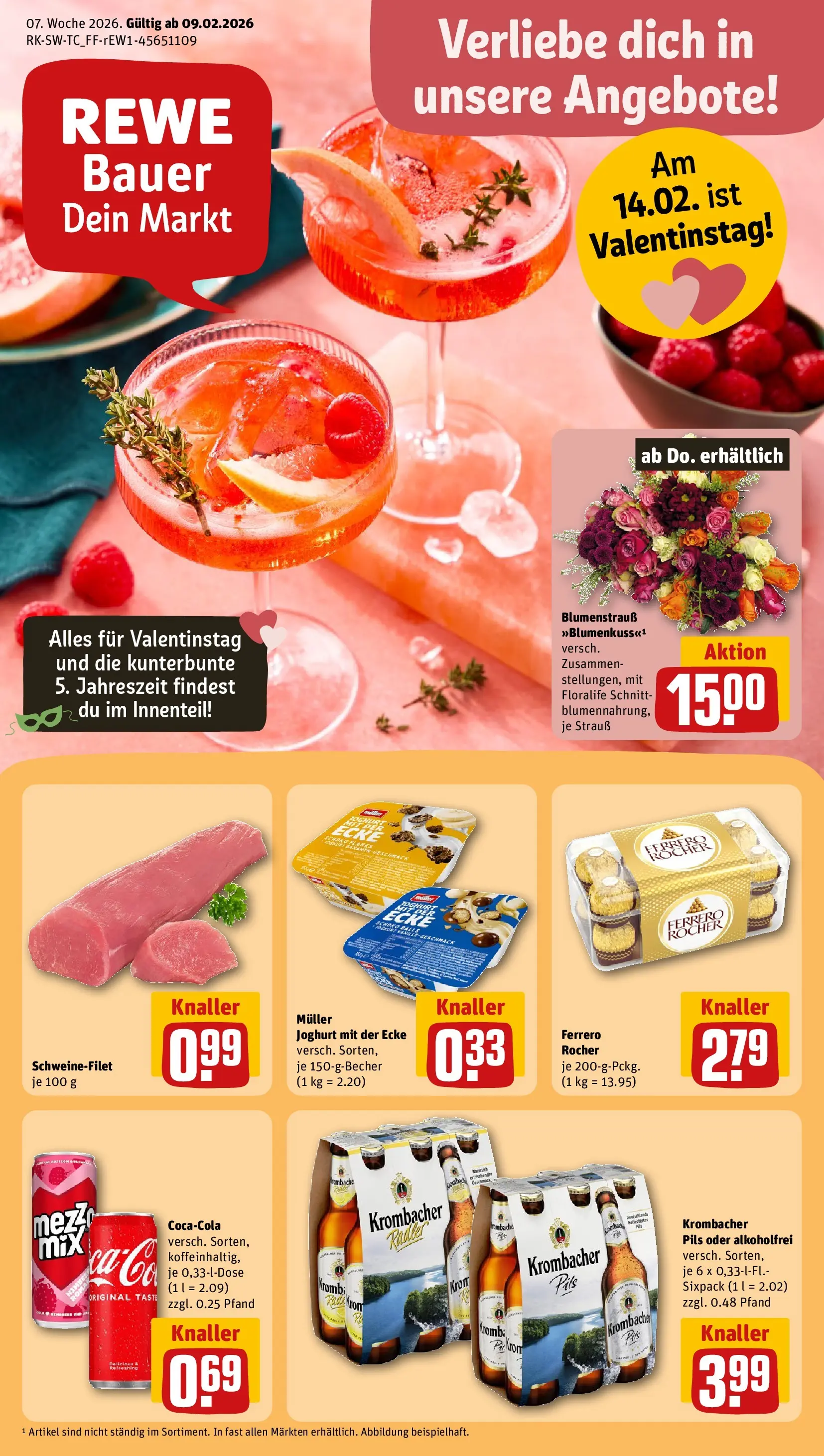 REWE Prospekt ab 09.02.2026 zum Blättern » Angebote | Seite: 1 | Produkte: Ferrero rocher, Joghurt, Pils, Radler