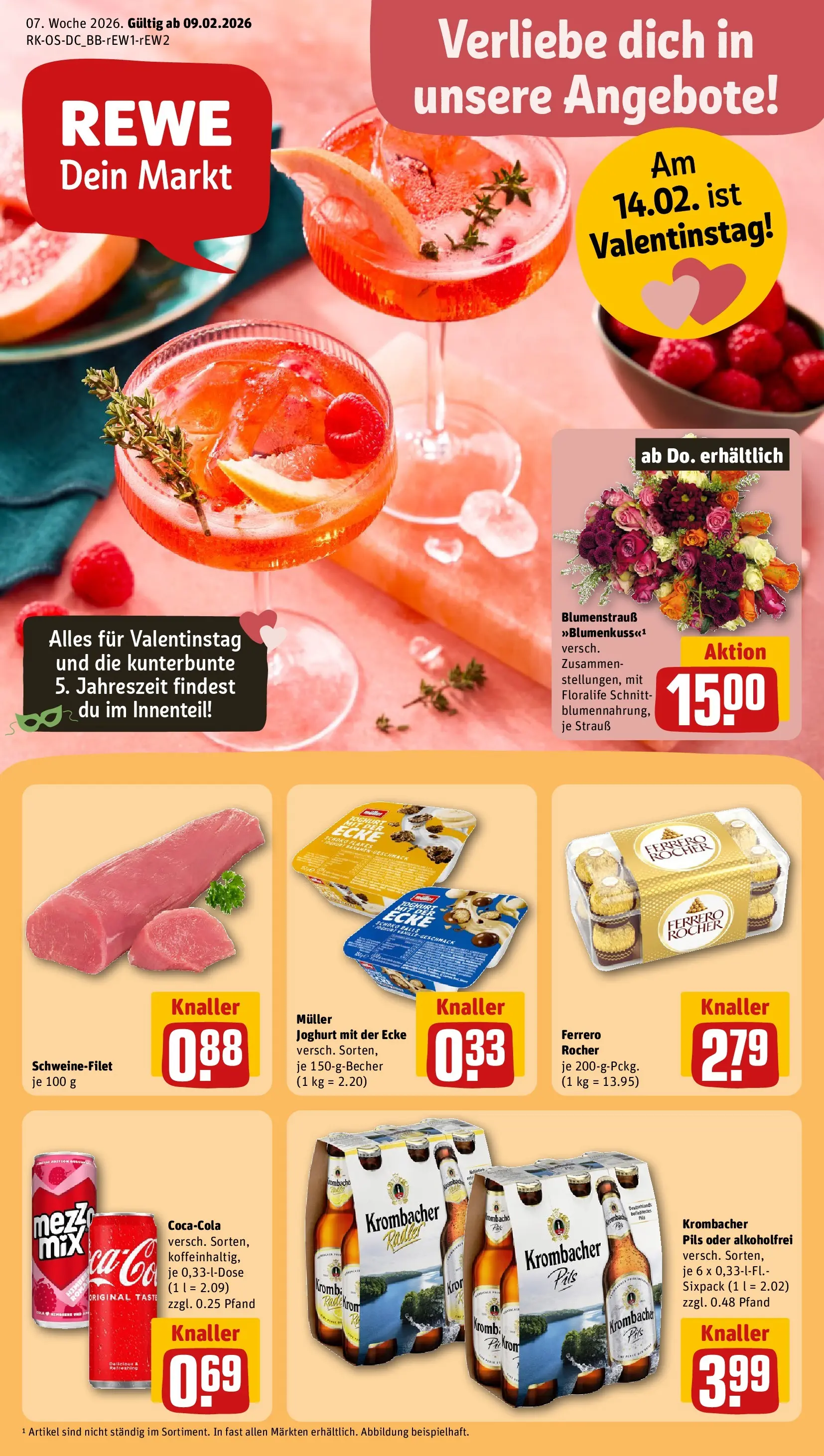 REWE Prospekt ab 09.02.2026 zum Blättern » Angebote | Seite: 1 | Produkte: Ferrero rocher, Joghurt, Pils, Krombacher