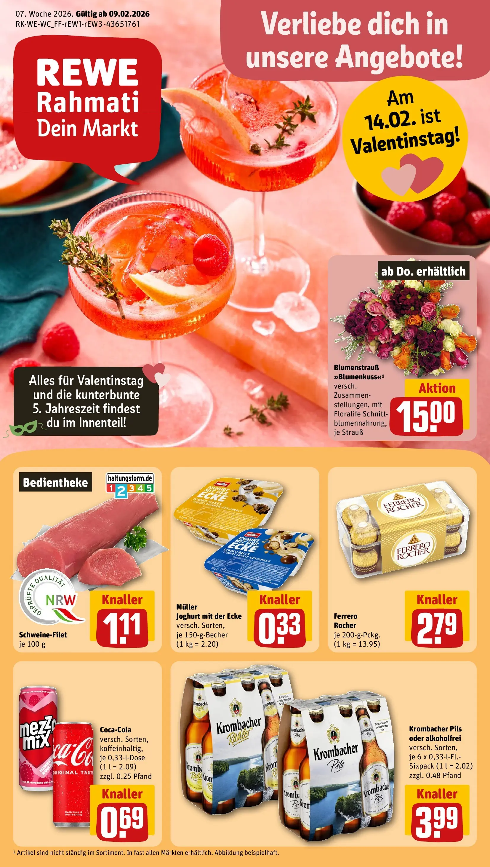 REWE Prospekt ab 09.02.2026 zum Blättern » Angebote | Seite: 1 | Produkte: Ferrero rocher, Joghurt, Schweinefilet, Krombacher