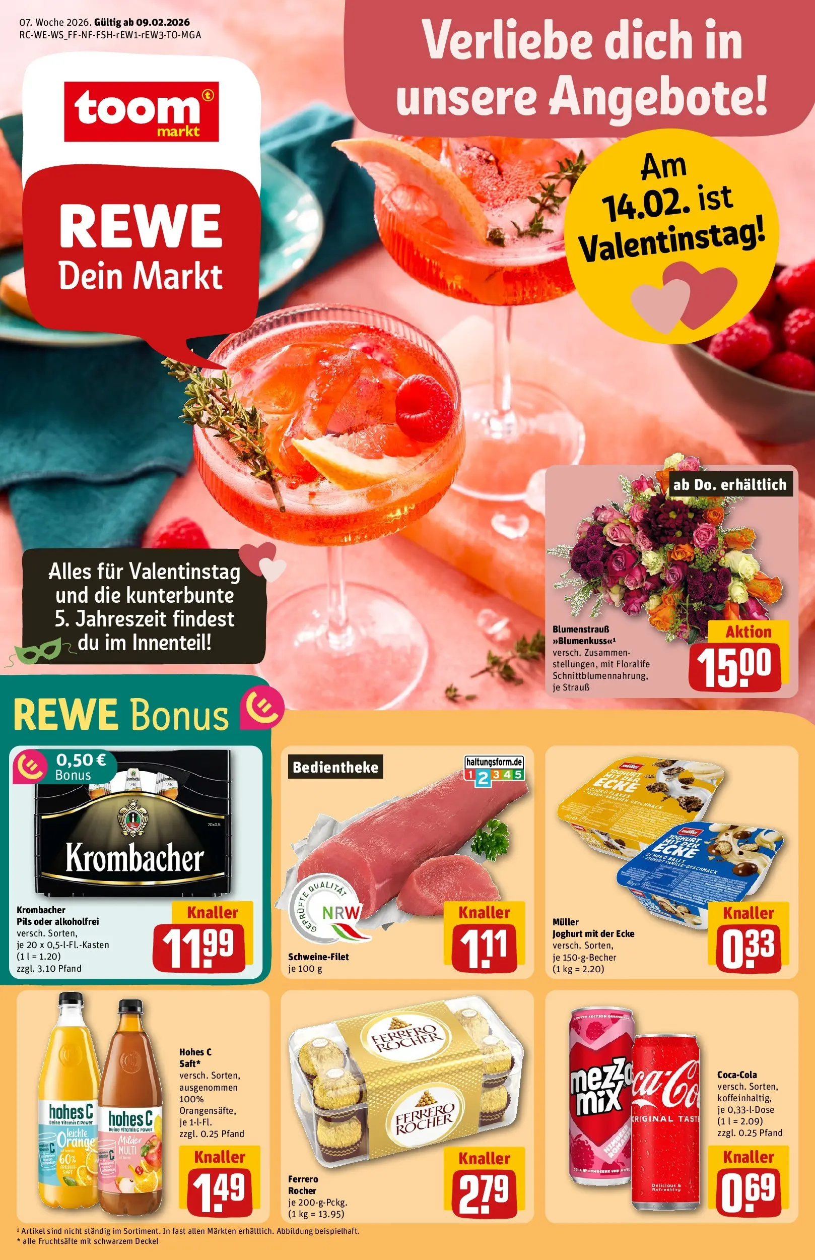 REWE Prospekt ab 09.02.2026 zum Blättern » Angebote | Seite: 1 | Produkte: Ferrero rocher, Cola, Joghurt, Pils