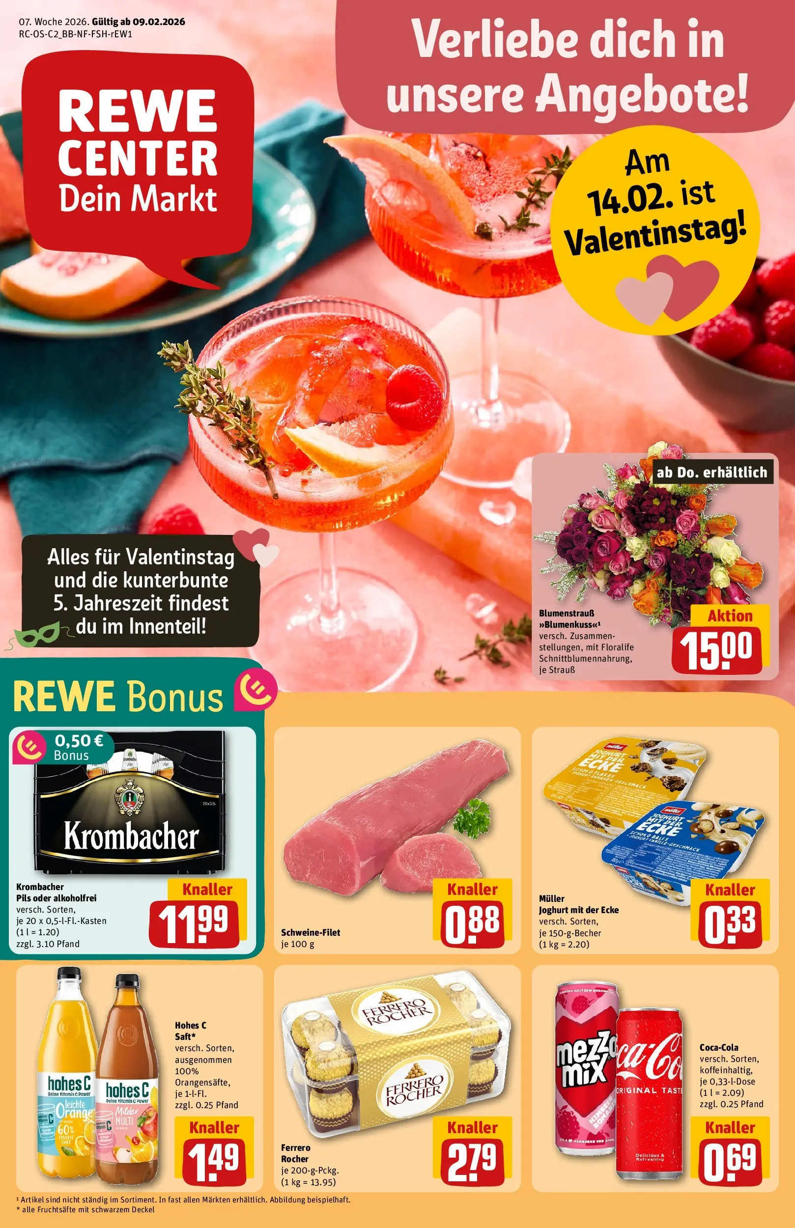 REWE Prospekt ab 09.02.2026 zum Blättern » Angebote | Seite: 1 | Produkte: Cola, Joghurt, Pils, Krombacher