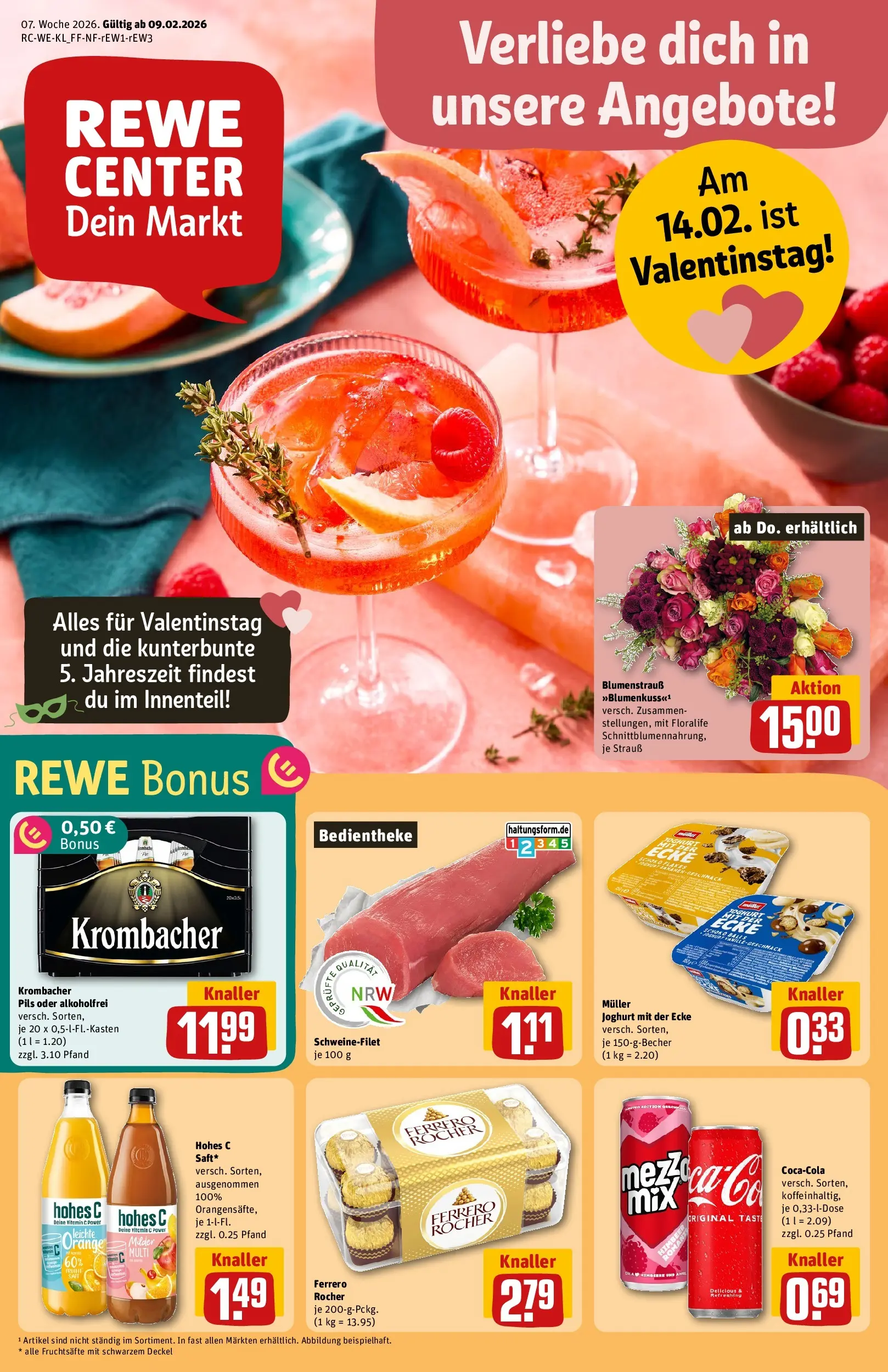 REWE Prospekt ab 09.02.2026 zum Blättern » Angebote | Seite: 1 | Produkte: Ferrero rocher, Pils, Schweinefilet, Krombacher