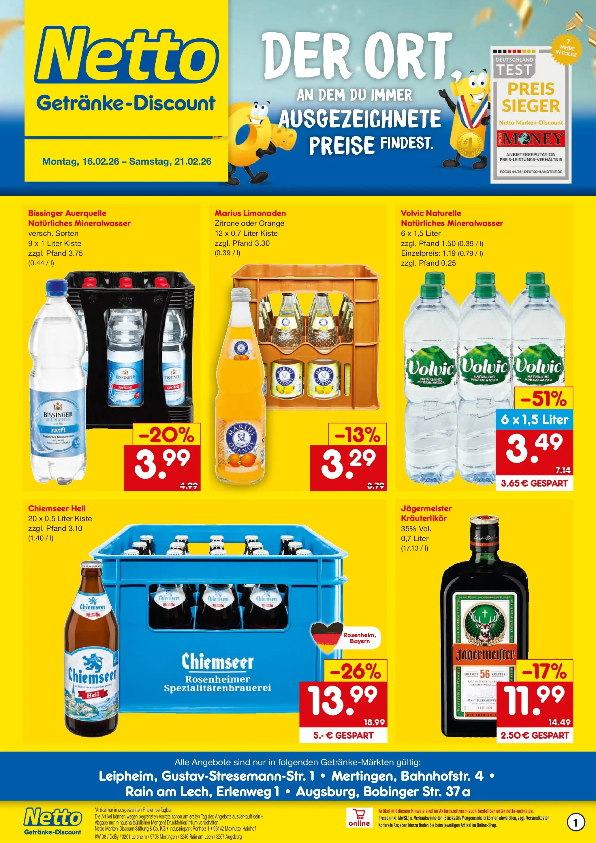 Netto Marken-Discount prospekt Mertingen	 (ab 15.02.2026) » Angebote | Seite: 1 | Produkte: Mineralwasser, Wasser, Zitrone, Volvic