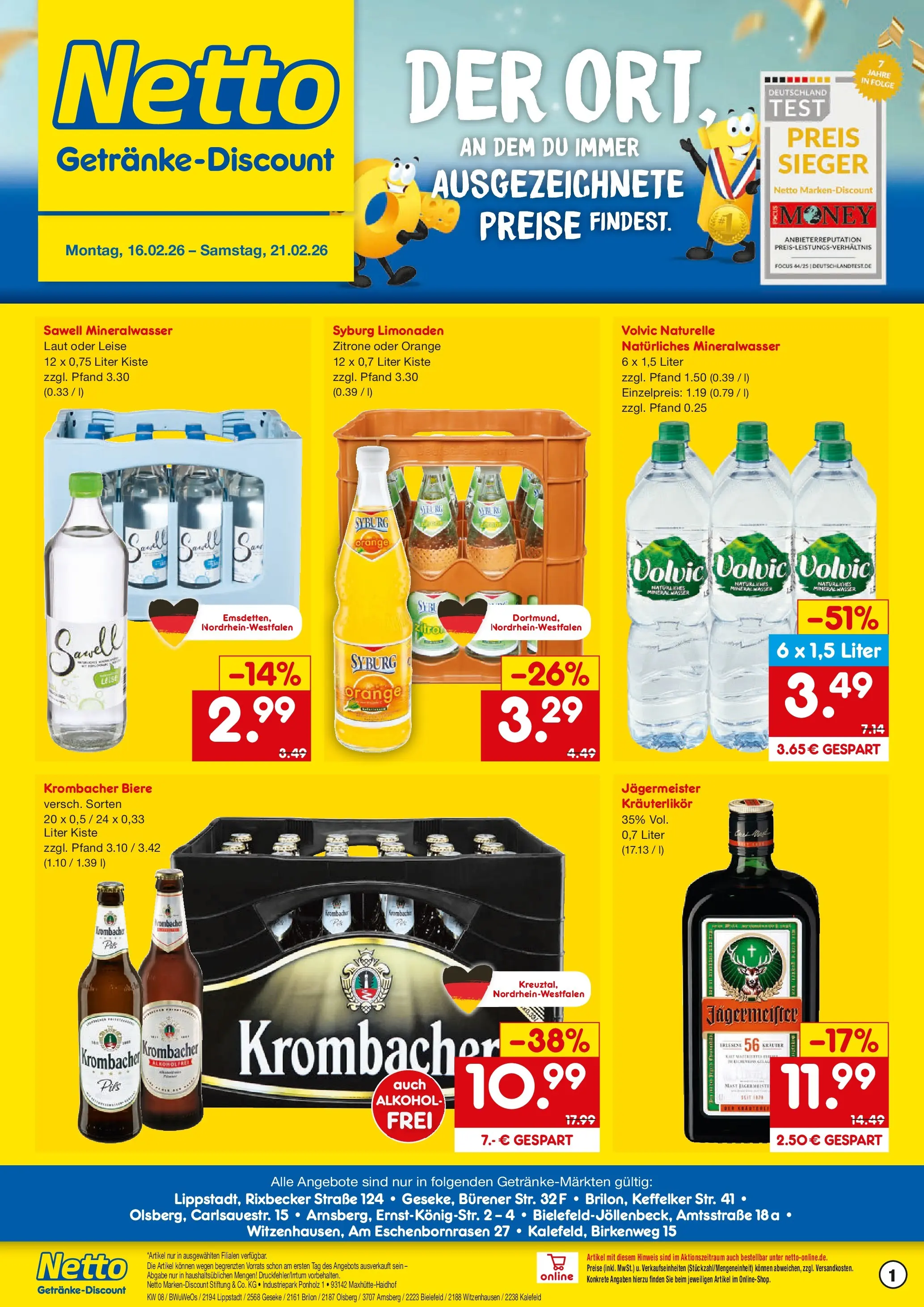 Netto Marken-Discount prospekt Bielefeld-Jöllenbeck	 (ab 15.02.2026) » Angebote | Seite: 1 | Produkte: Pils, Mineralwasser, Jägermeister, Zitrone