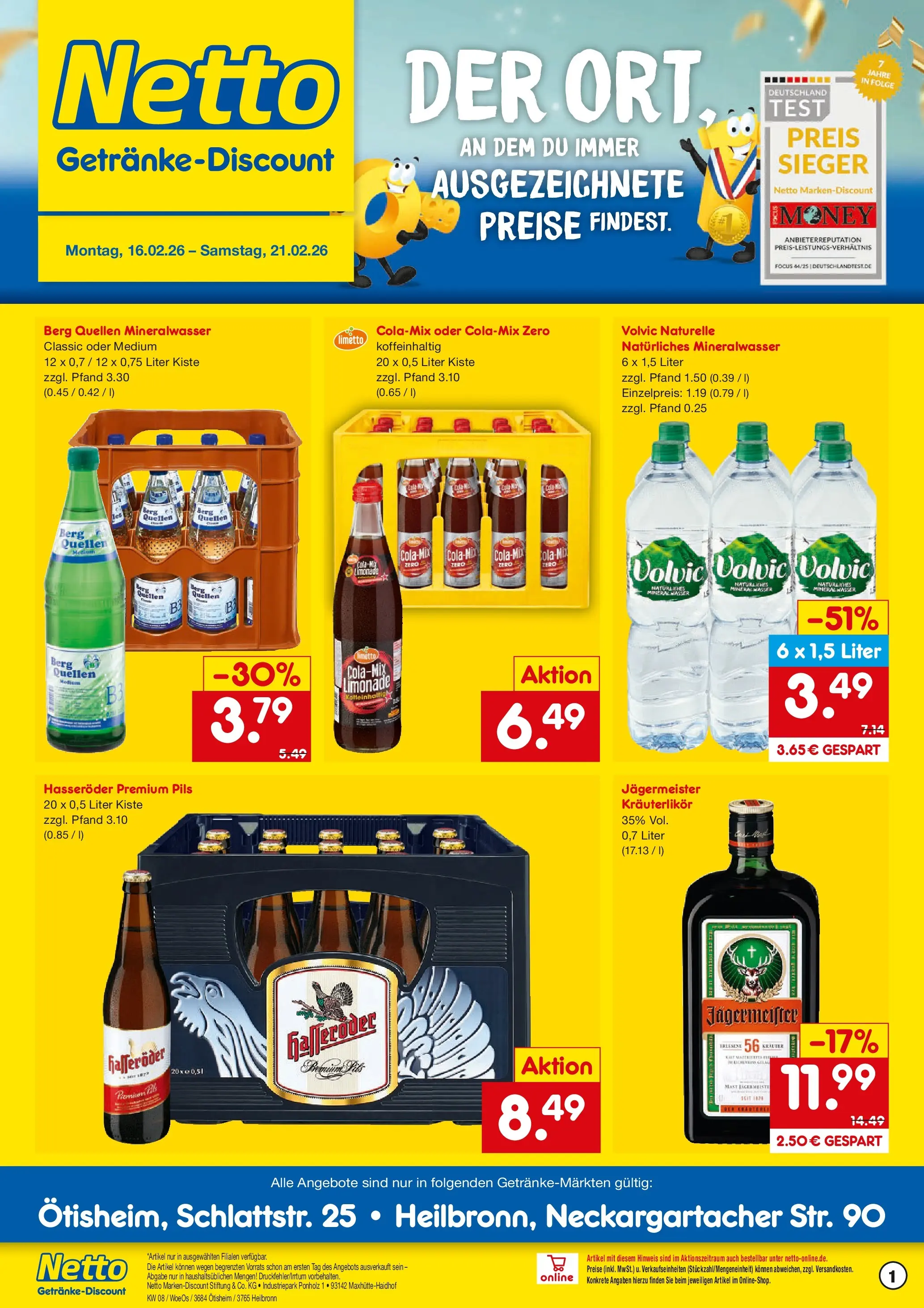 Netto Marken-Discount prospekt Ötisheim	 (ab 16.02.2026) » Angebote | Seite: 1 | Produkte: Pils, Mineralwasser, Hasseröder, Volvic