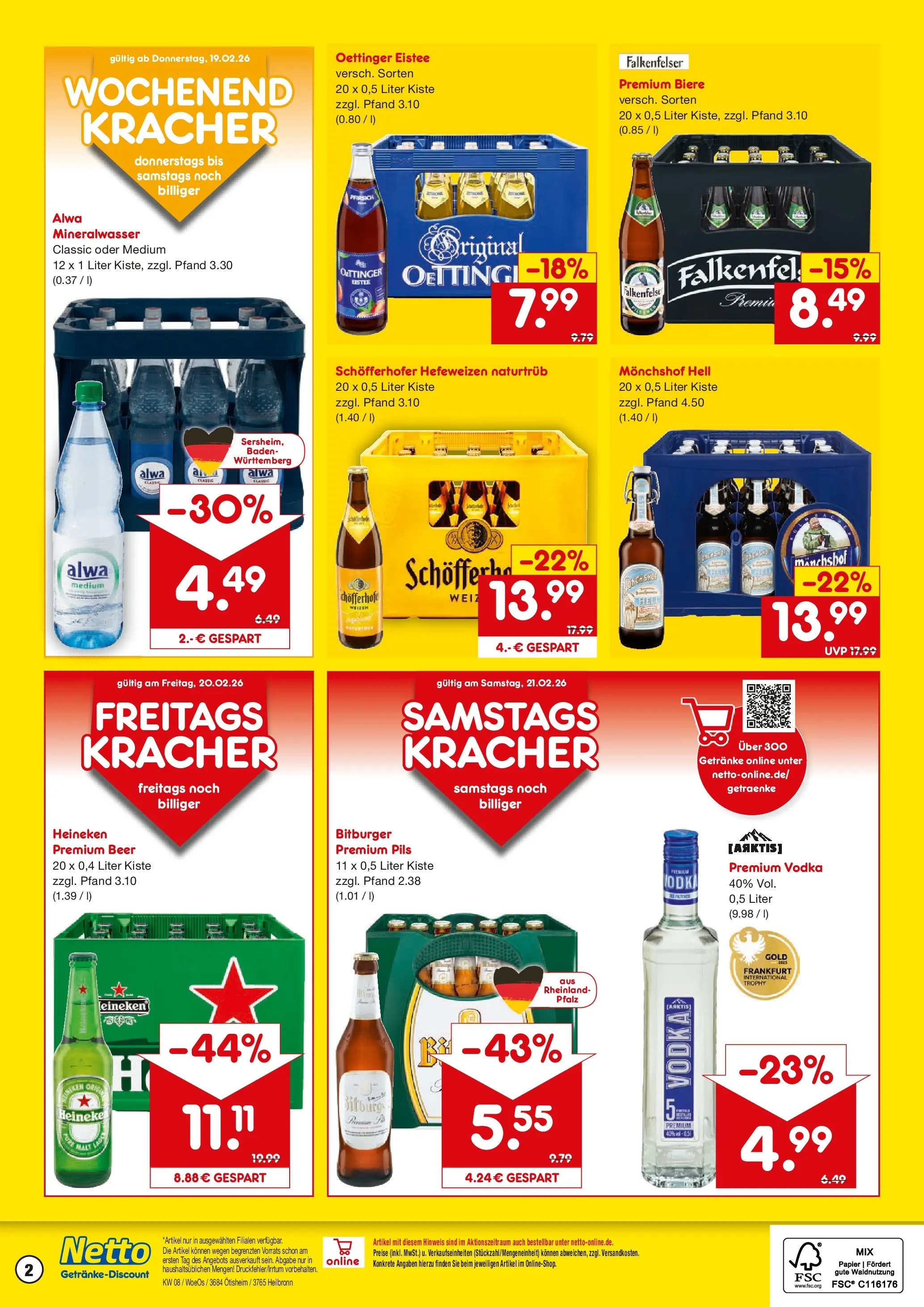 Netto Marken-Discount prospekt Ötisheim	 (ab 16.02.2026) » Angebote | Seite: 2 | Produkte: Bitburger, Mineralwasser, Heineken, Pfirsich