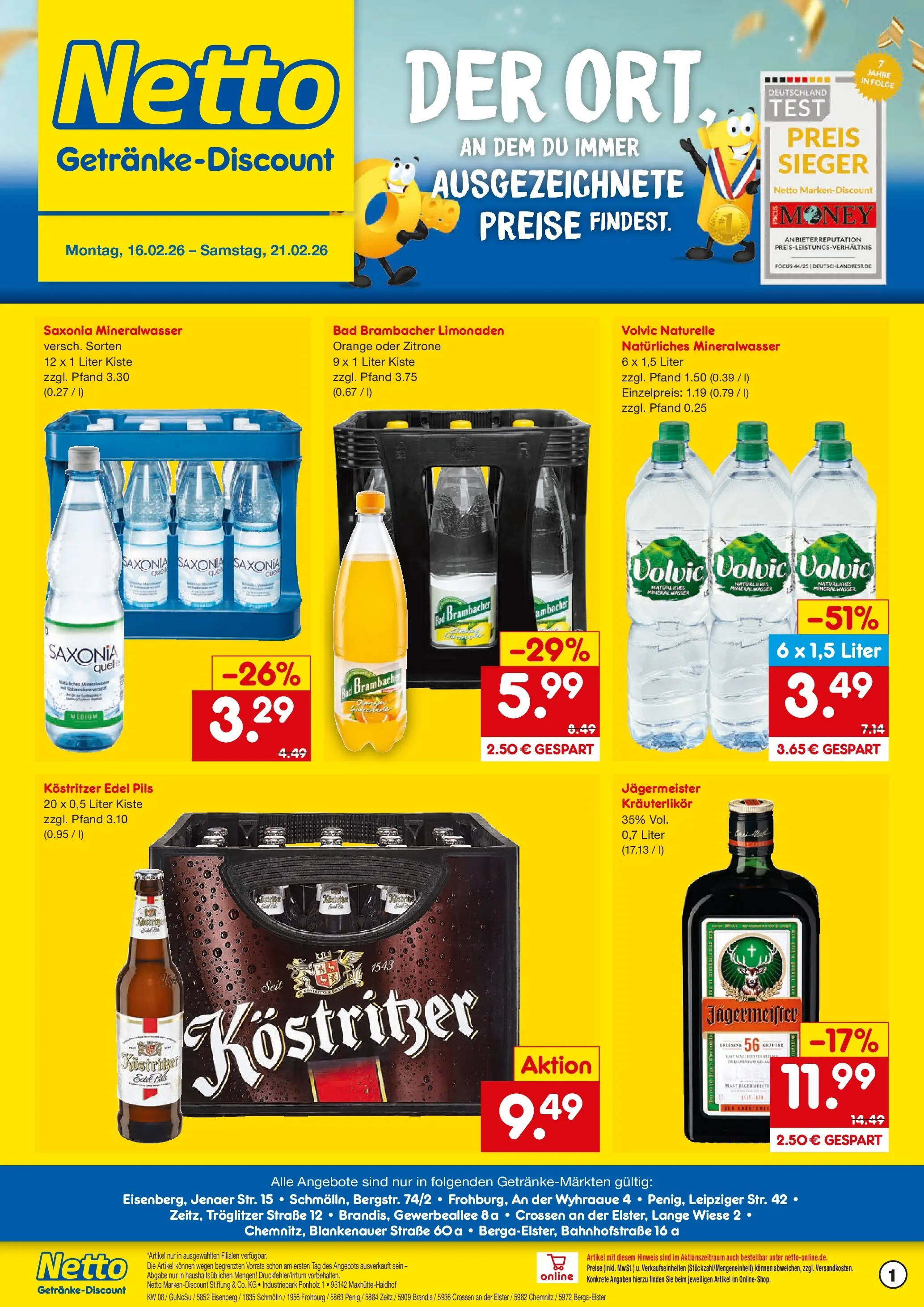 Netto Marken-Discount prospekt Zeitz	 (ab 16.02.2026) » Angebote | Seite: 1 | Produkte: Pils, Mineralwasser, Jägermeister, Volvic