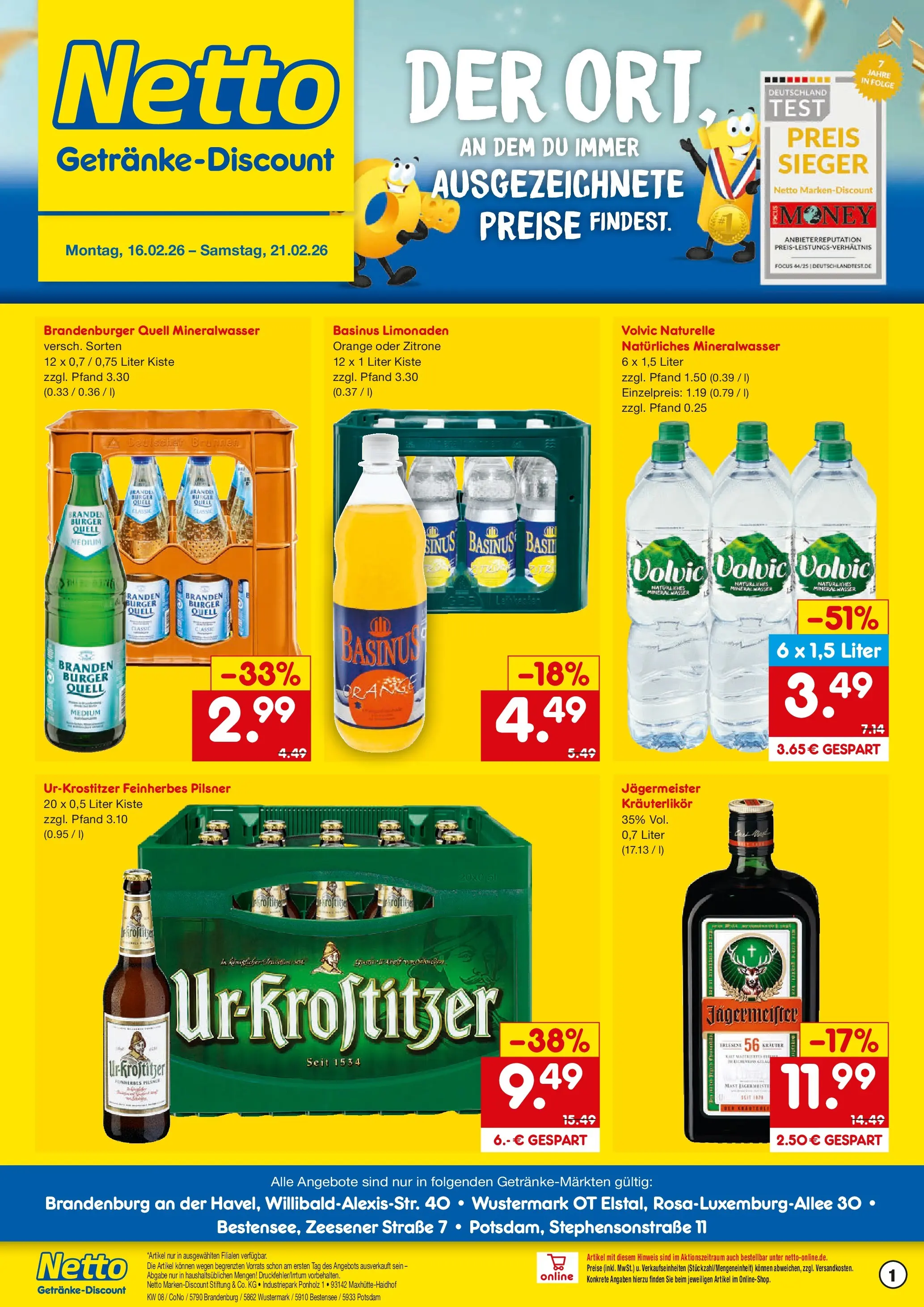 Netto Marken-Discount prospekt Wustermark-Elstal	 (ab 15.02.2026) » Angebote | Seite: 1 | Produkte: Burger, Mineralwasser, Zitrone, Volvic
