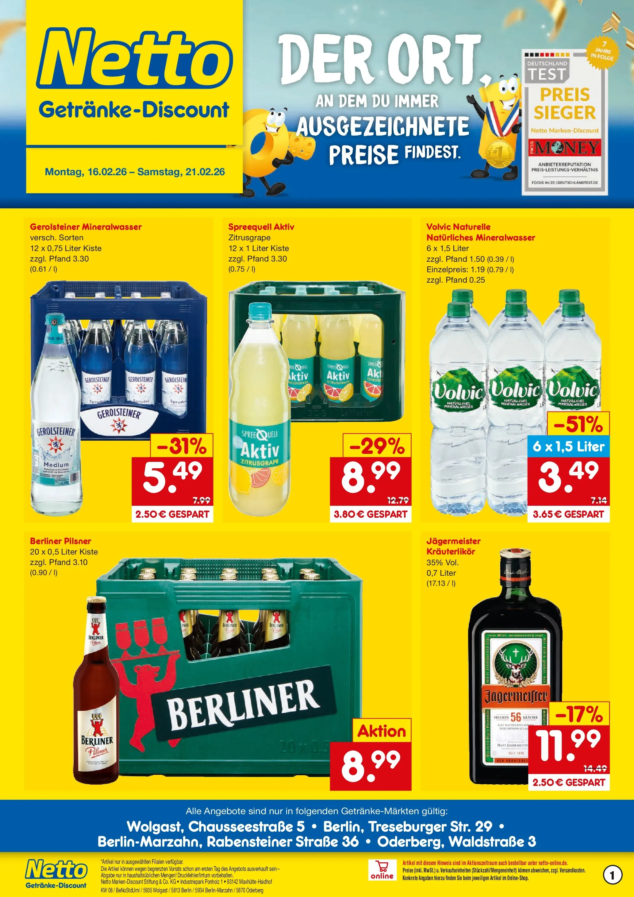 Netto Marken-Discount prospekt Berlin	 (ab 16.02.2026) » Angebote | Seite: 1 | Produkte: Berliner, Mineralwasser, Wasser, Gerolsteiner