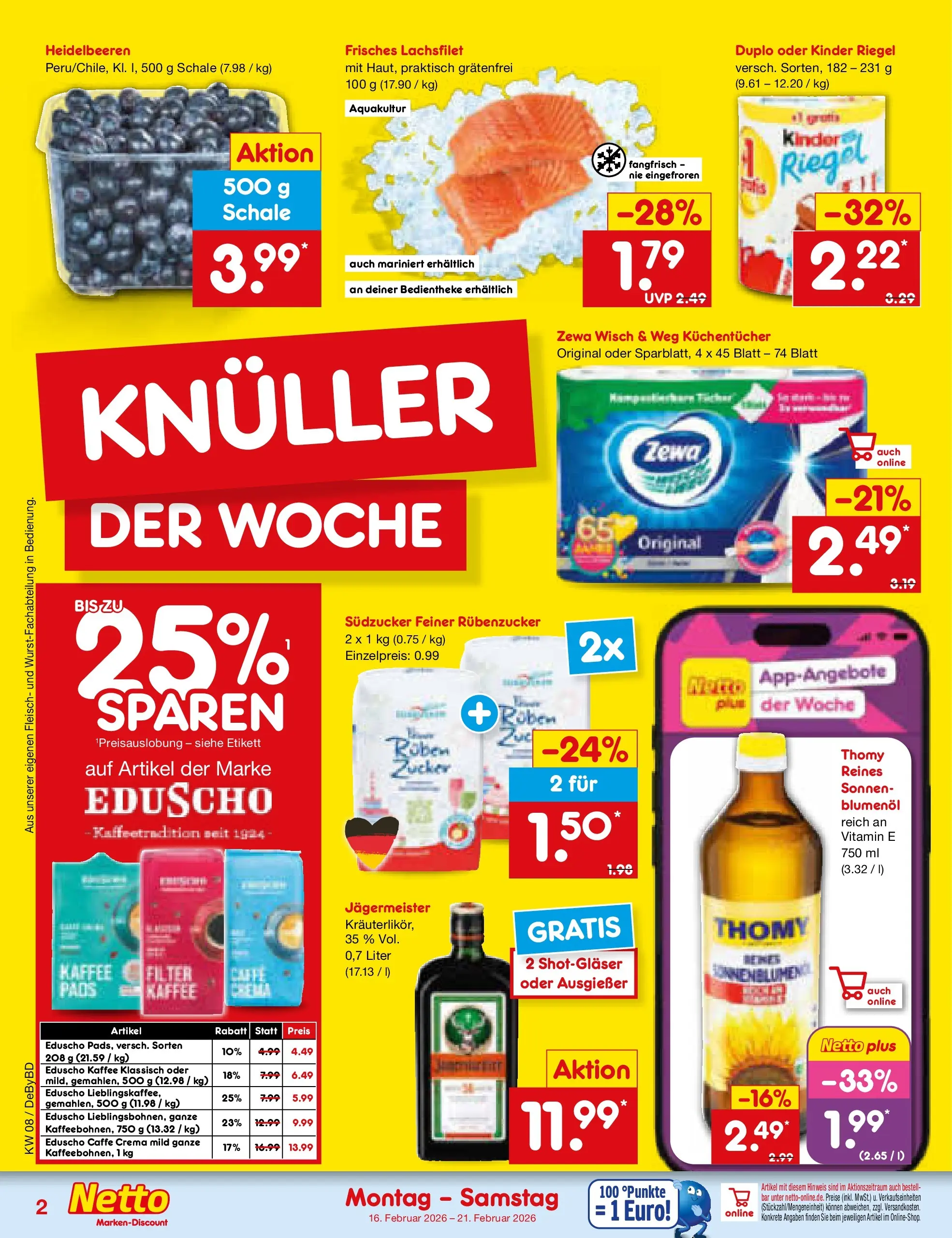 Netto Marken-Discount prospekt Buttenwiesen	 (ab 15.02.2026) » Angebote | Seite: 2 | Produkte: Kinder riegel, Zucker, Fleisch, Eduscho